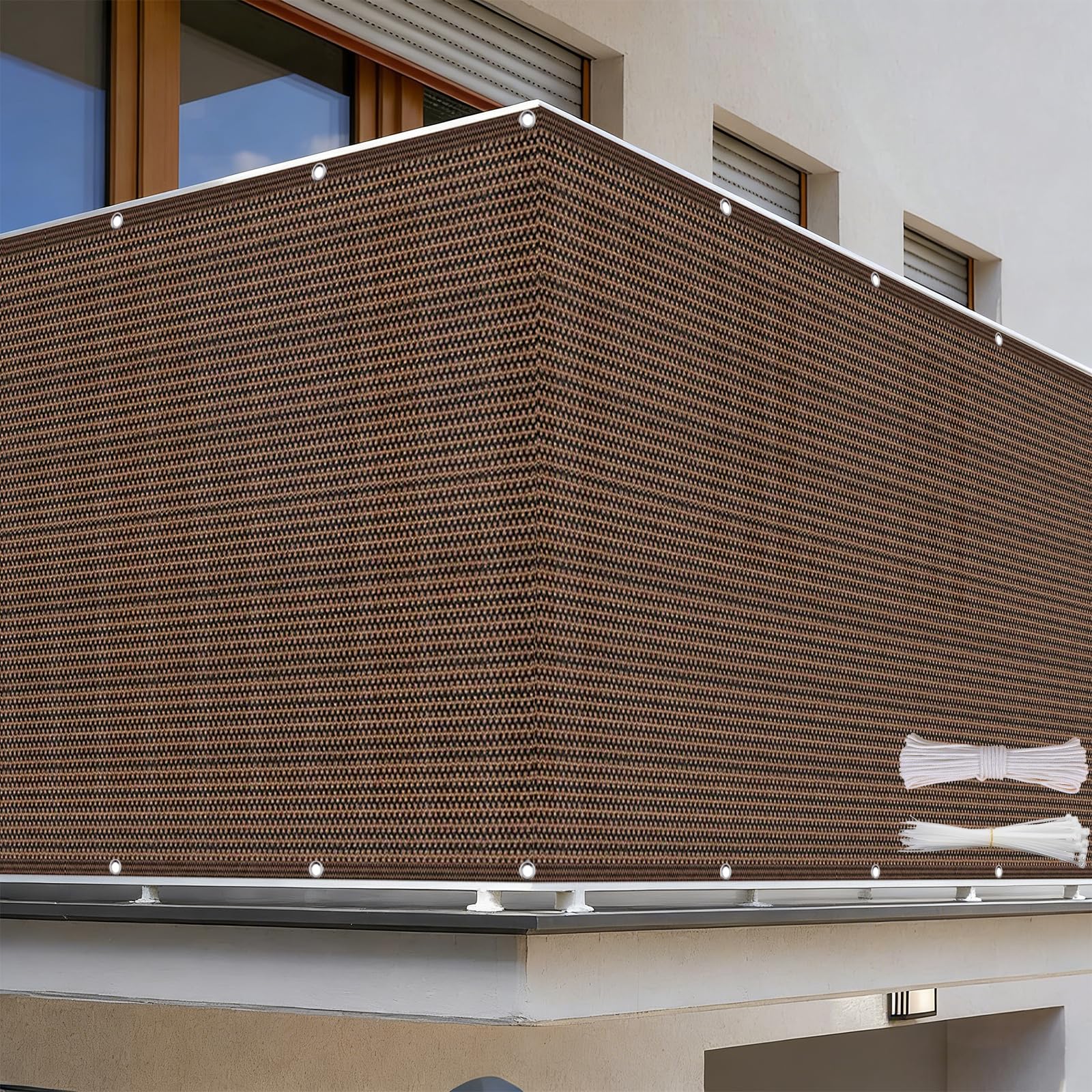 Inkijkbescherming 80 x 100 cm 95% Uv-Bescherming, Windbescherming, Zonwering, Ademende, Privacy-Balkonbekleding met Touw en Kabelbinder Voor Hek, Balustrades, Zwembad, Zand geel