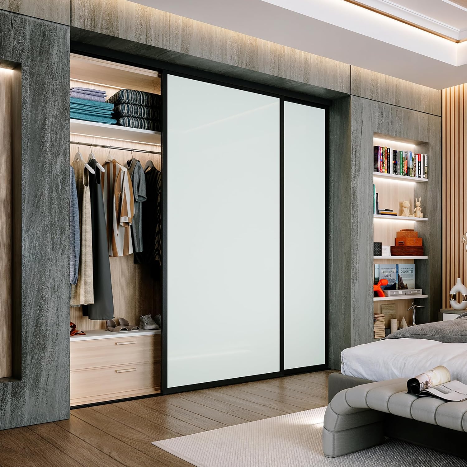 Door55 2 Panel Glass Sliding Closet Door With Aluminum Frame, Silent Glide Technology - Easy Installation for Bedrooms, Double Door Panels