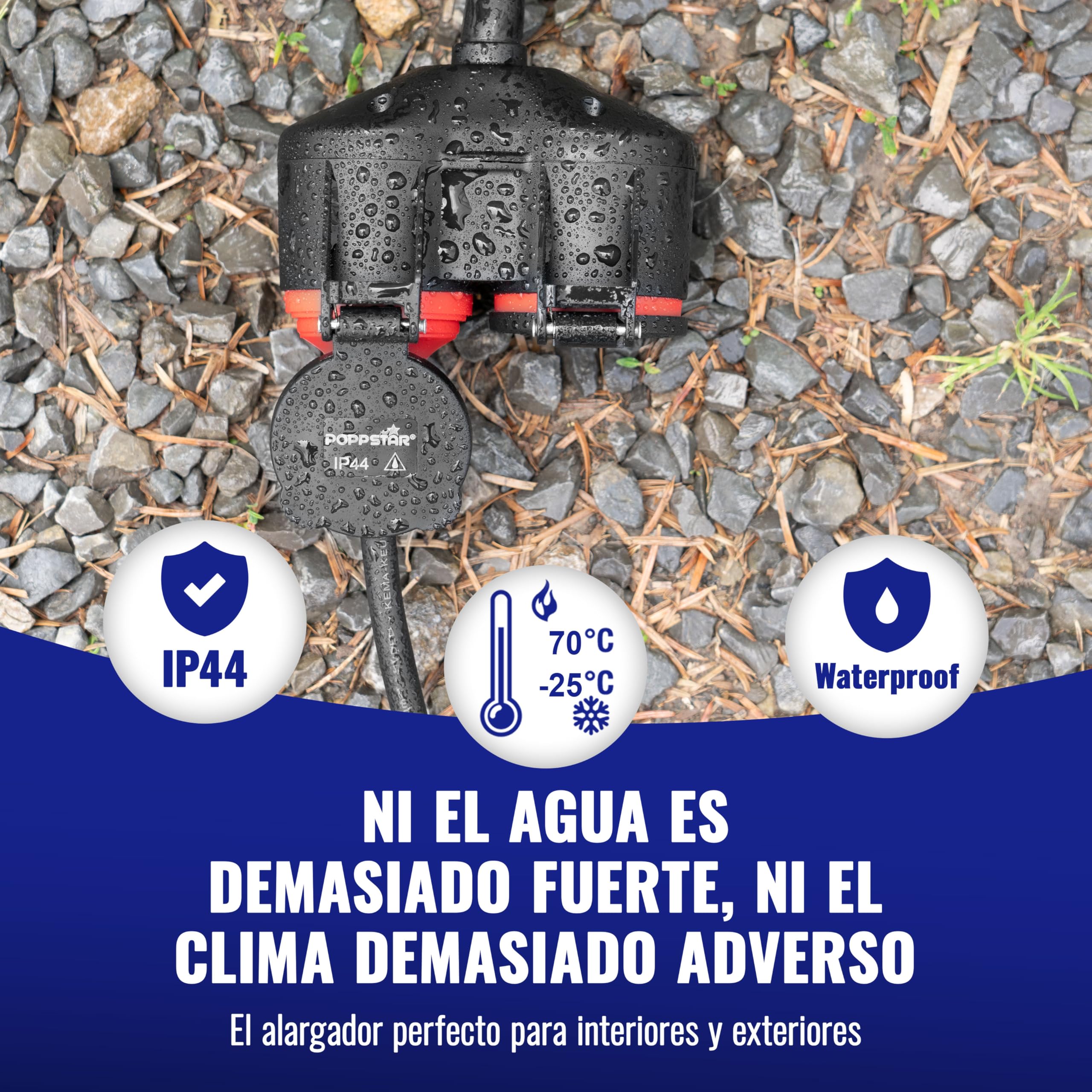 Poppstar Alargador Exterior 3 m (2 Tomas Schuko, IP44, 16A/3680W, H05RR-F 3G1.5), Negro/Rojo