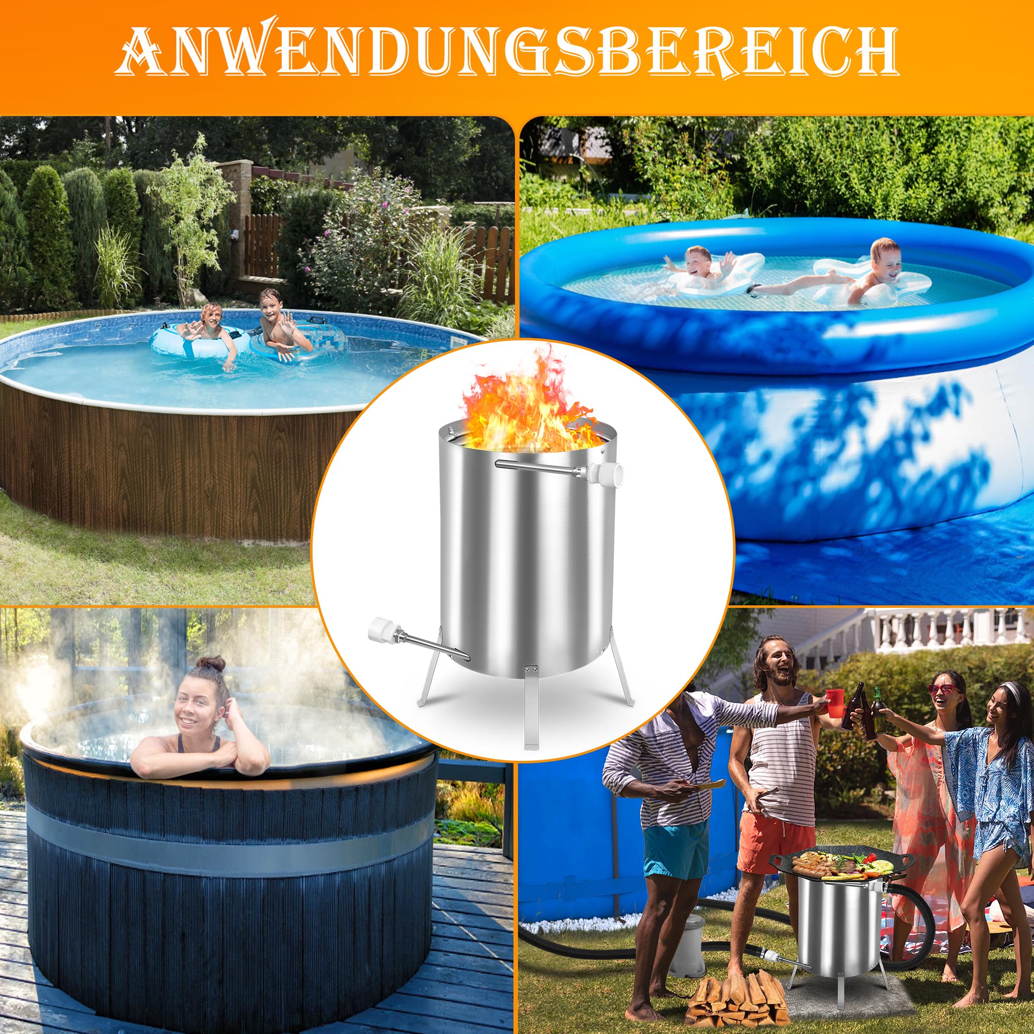 FIVMEN Poolheizung Holz Feuertonne Poolheizung mit Feuer Edelstahl Brennholz Tonne mit Heizspirale, Feuerfeste Matte und Tablett Pool Heizung Poolofen Heizungen für Schwimmbäder
