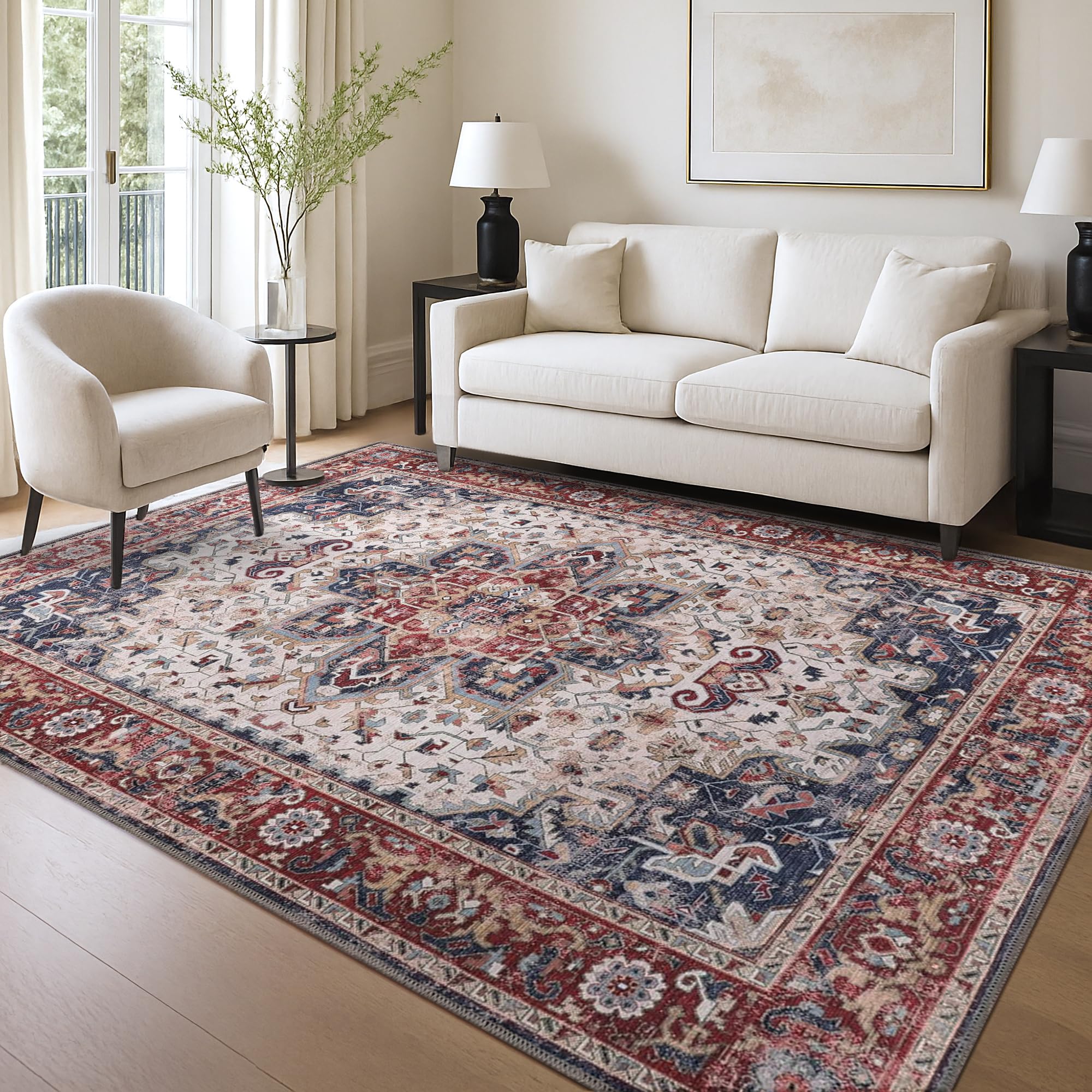 Tapis de salon lavable en machine - 80 x 150 cm - 4 mm d'épaisseur - Tapis chenille vintage avec envers en coton antidérapant - Tapis doux et lavable à poils courts pour chambre à coucher