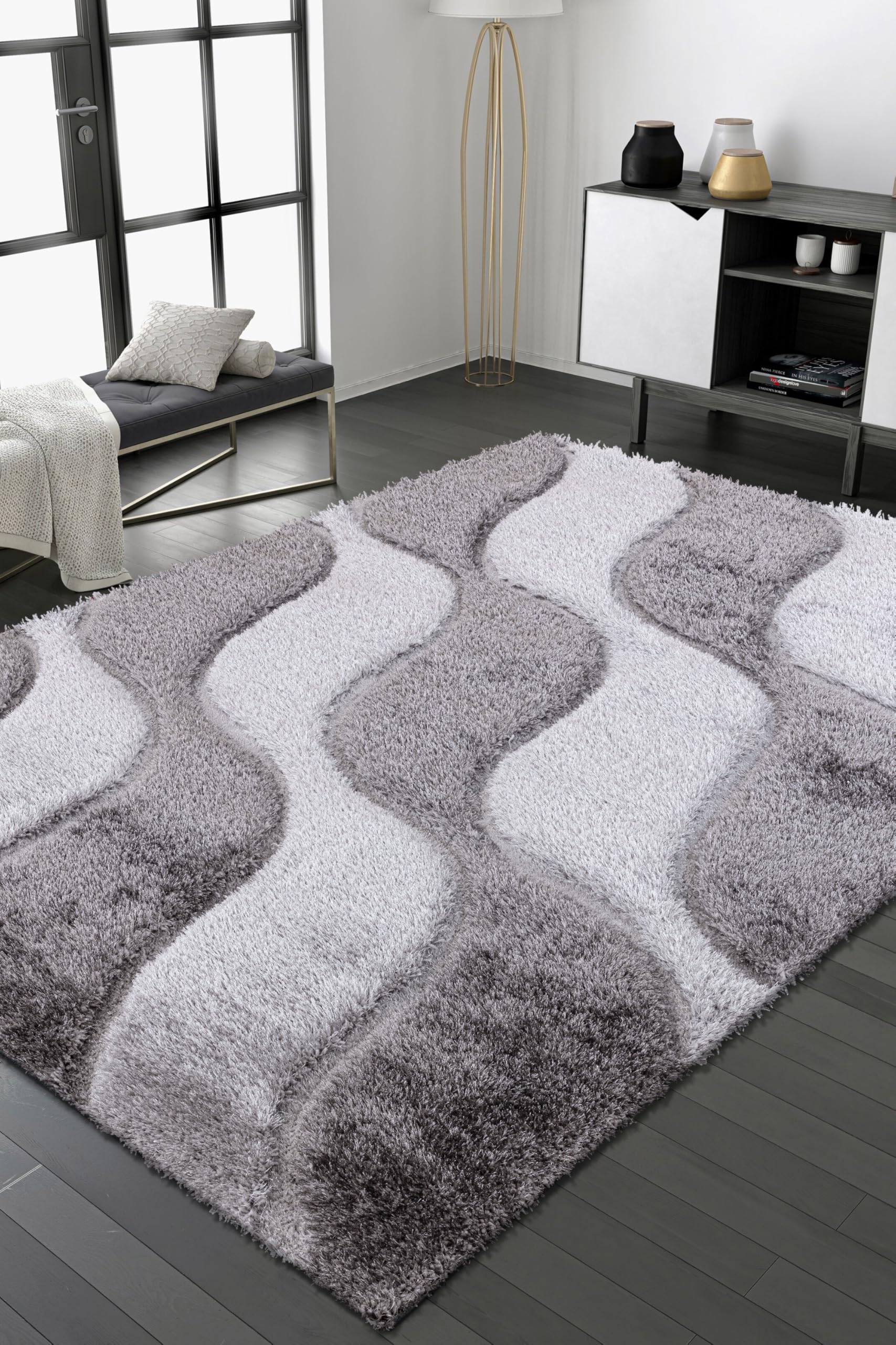 Modern Wave Pattern Rug Geometric Swirl Carpet High Pile, Soft 3D Shaggy Area Rug for Living Room, Bedroom & Lounge Non-Shedding Easy Care (Grey, 160 cm × 230 cm = 5.25 ft × 7.55 ft)