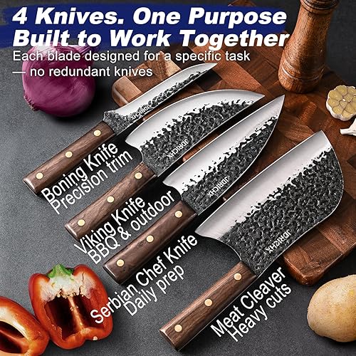 Miniatura 7 de Juego de Cuchillos de Carnicero, 4 PIEZAS Cuchillo de Chef Serbio Forjado a Mano de Alta Resistencia, Cuchillo de Carne, Cuchillo de Deshuesado,