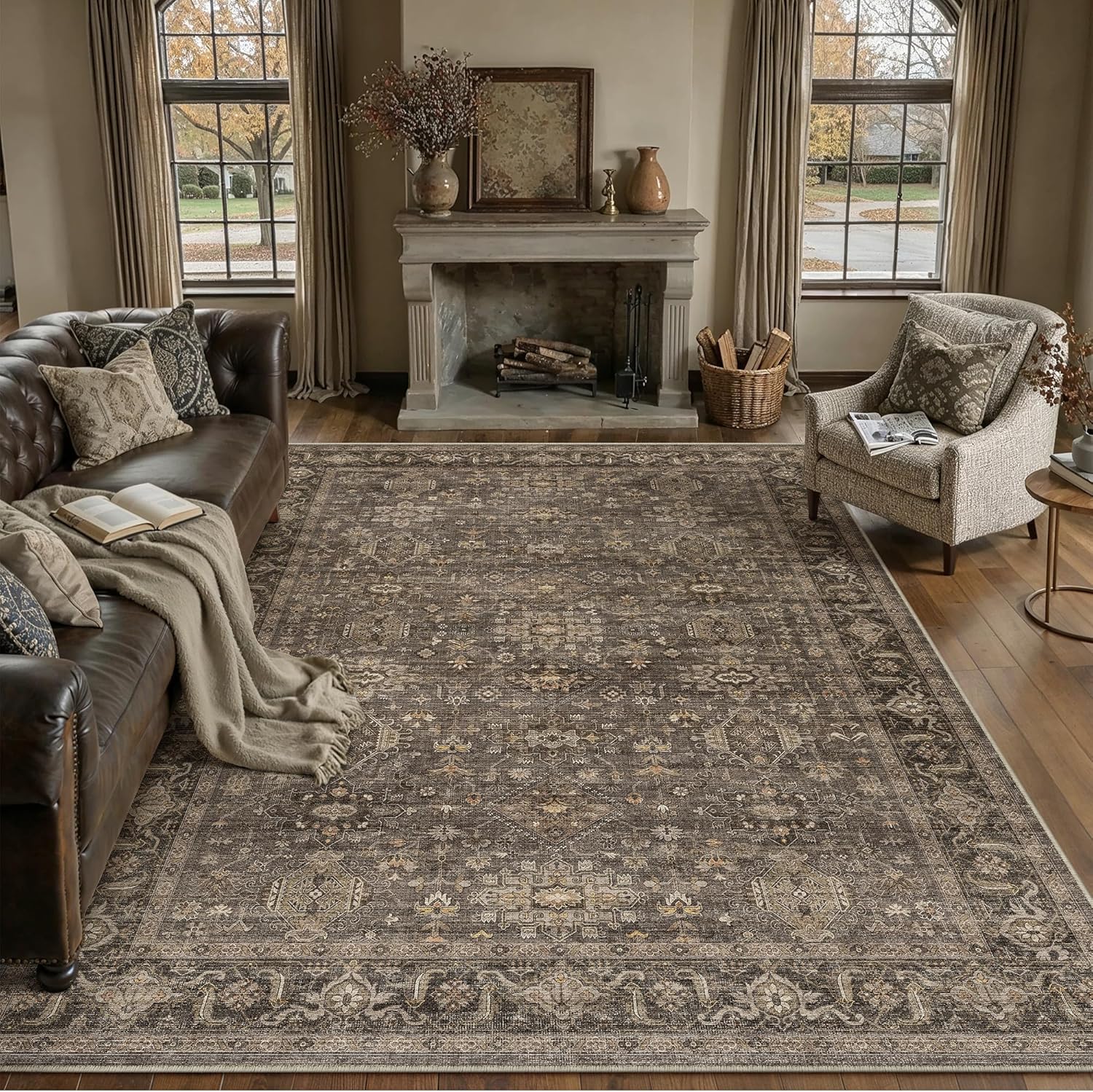 8x10 Washable Area Rug for Living Room Bedroom Vintage Brown Non Slip Carpet Traditional Retro Soft Low Pile Large Throw Rug for Dining Room Kitchen Office Indoor