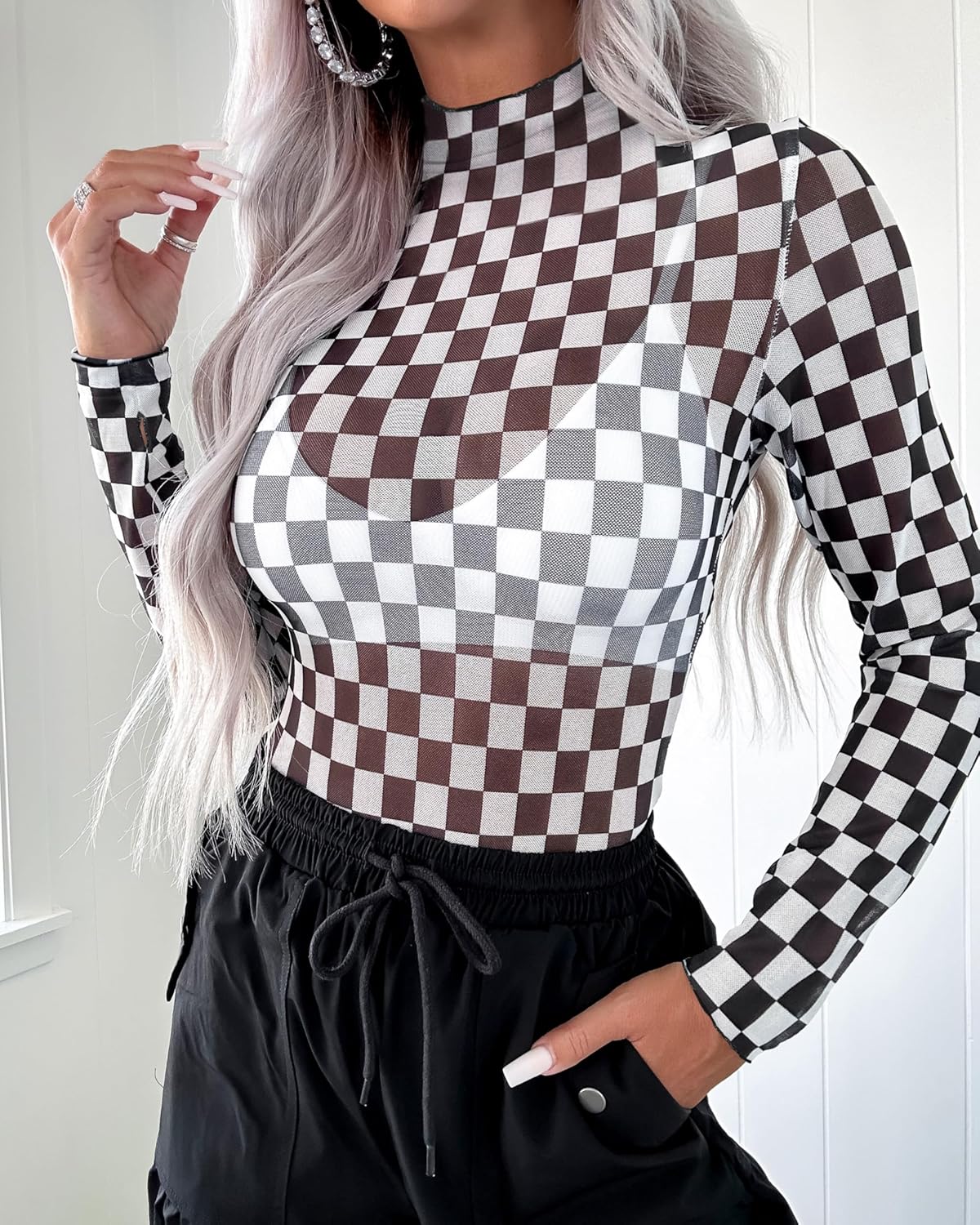 Womens Floral Mesh Top Mock Neck Long Sleeve Slim Fit See Through Shirt Blouses Tops - Image 3