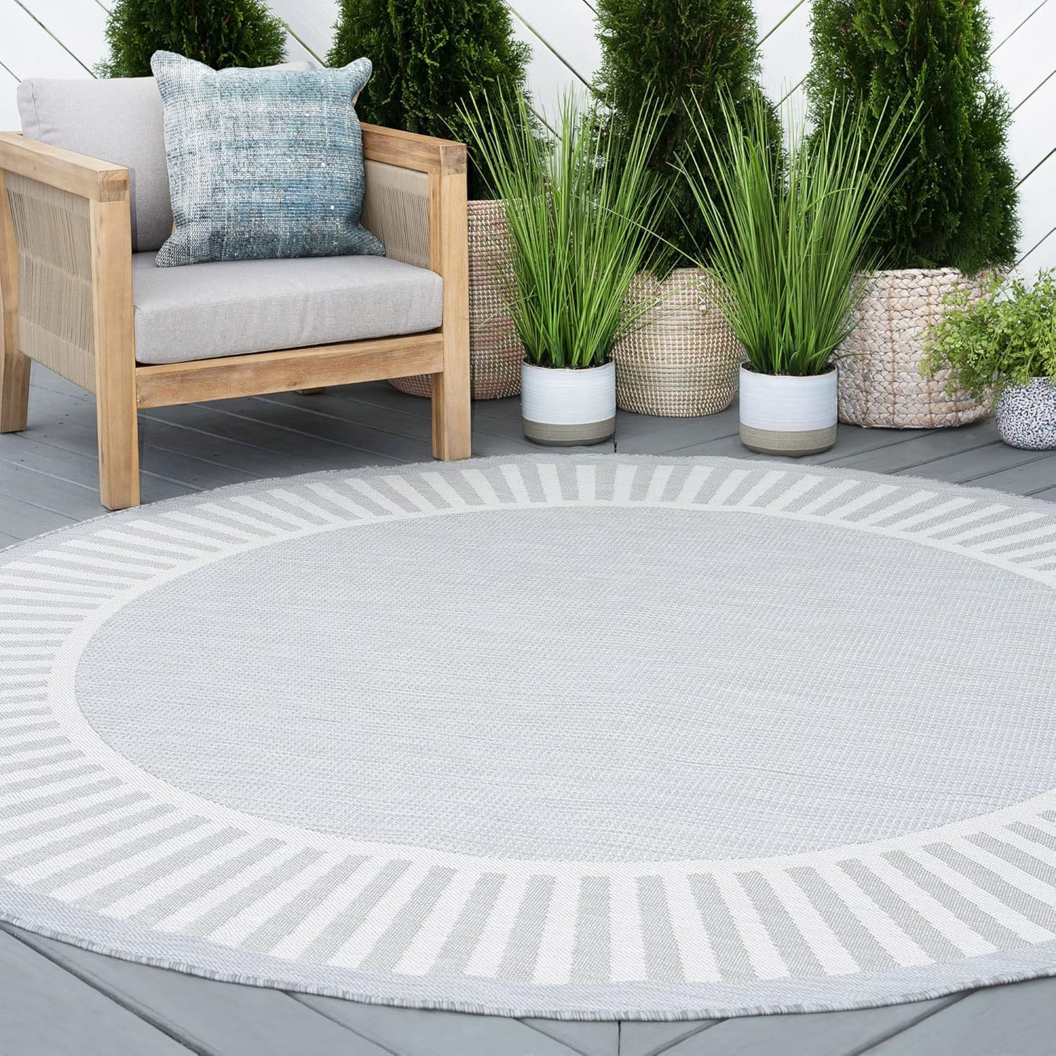Tayse Gray Water Resistant Jute 5'3'' (Approx. 6ft) Round Outdoor Rug for Patio - Waterproof Carpet Clearance, Alfombras para Exteriores, (ECO1104 6RND - SC)