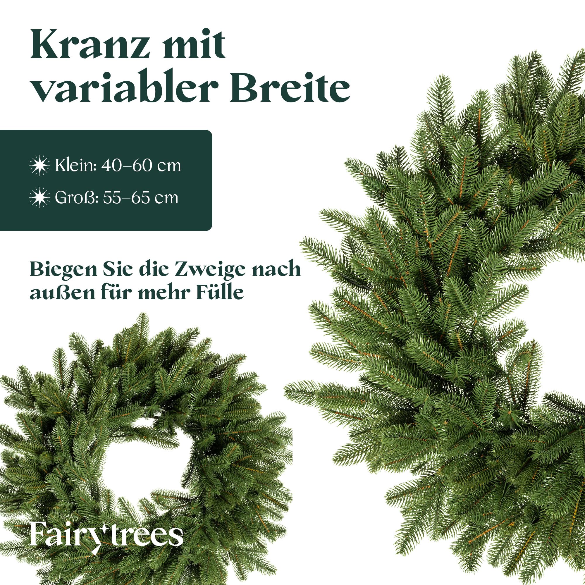FairyTrees Weihnachtskranz grün 55 cm Premium aus 100% Spritzguss | Hängender Adventskranz für Haustür, Fenster, Wand | Weihnachtskranz zum Aufhängen, künstlicher Adventskranz, Türkranz Weihnachten
