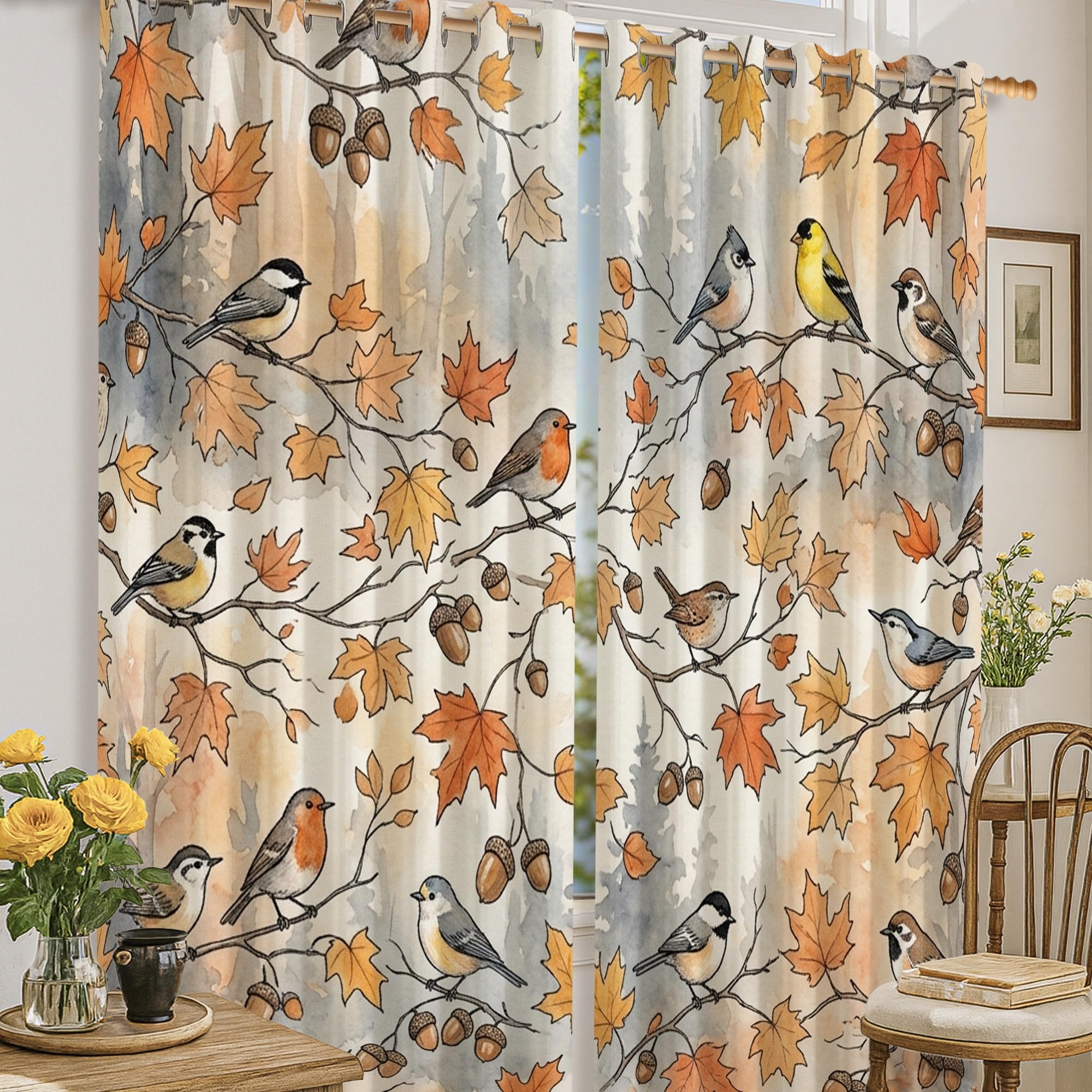 Rideaux occultants feuilles d'automne et oiseaux 132x160cm lavables pour salon
