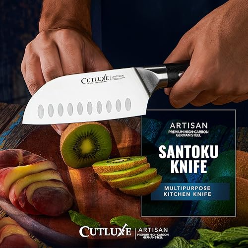 Miniatura 4 de Cutluxe Santoku – Cuchillo de 5" de cocina, cuchillo para carne y verduras – Acero alemán forjado de alto carbono – Espiga completa y afilado como
