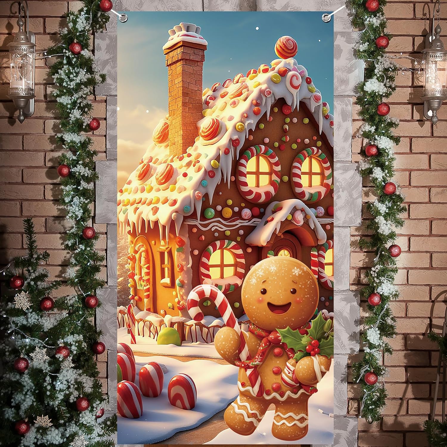 Gingerbread Christmas Door Cover, 35 x 71 Inches Happy Xmas Cute Gingerbread House Front Door Backdrop Banner Decoration, Candyland Porch Banner for Winter Holiday Party Supplies