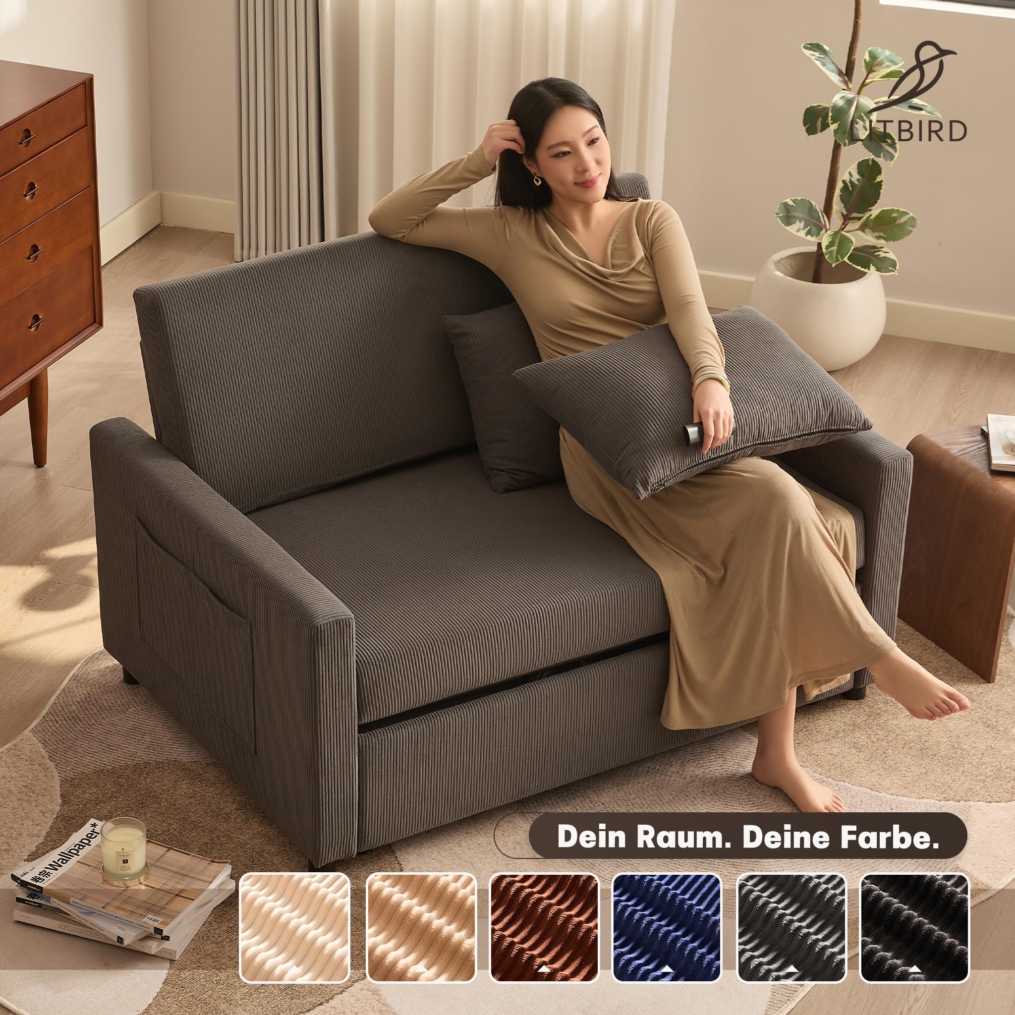 Schlafsofa 2-Sitzer, 3-in-1 ausziehbares Sofa Bett, Cordstoff Schlafcouch mit Verstellbarer Rückenlehne und Seitentaschen, für Wohnzimmer und Gästezimmer,Grau