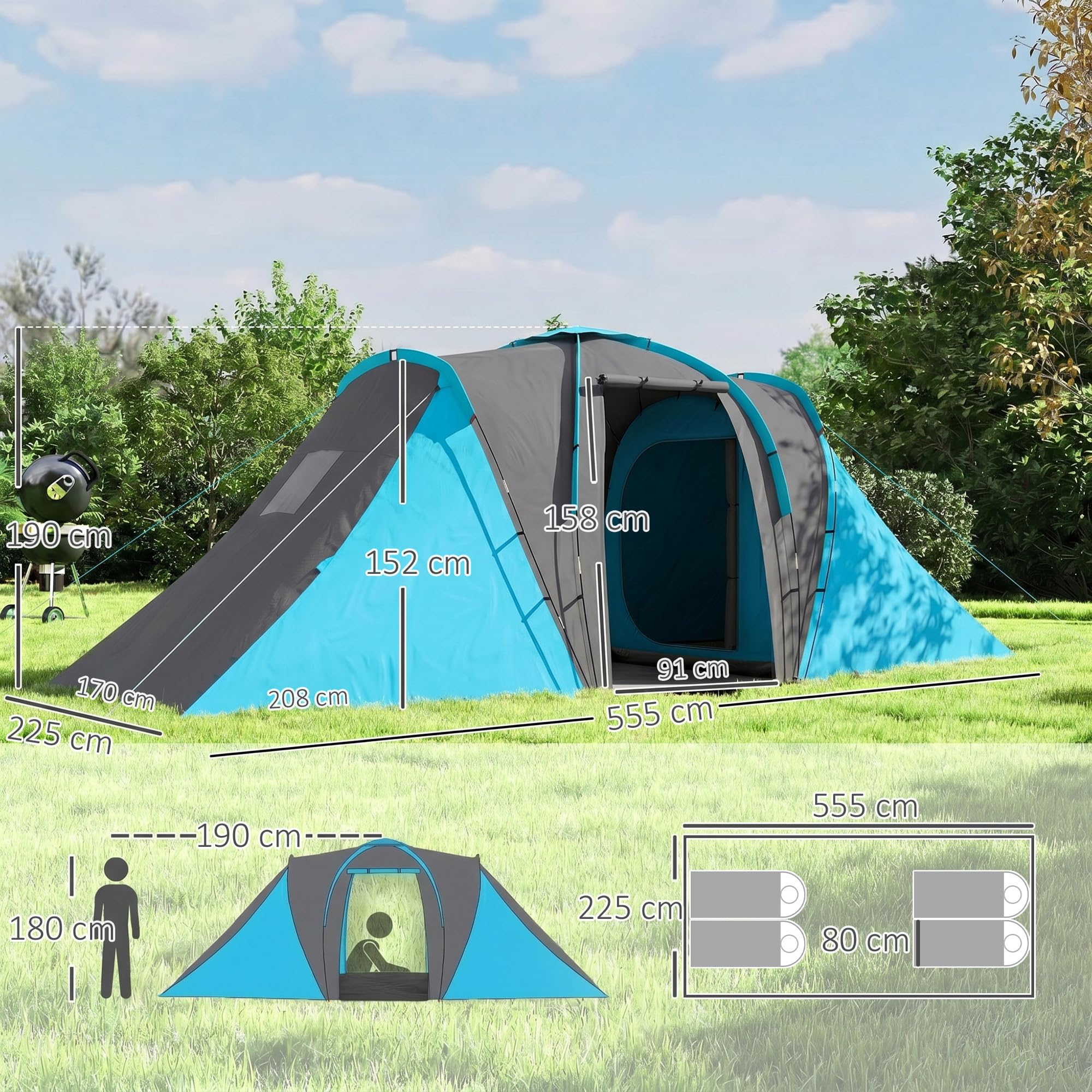 Outsunny Tunnelzelt, Campingzelt für 4 Personen, mit 2 Schlafzimmern Wohnbereich, groß Familienzelt mit Tragetasche, 2000mm Wasserabweisend Gruppenzelt, für Garten, Camping