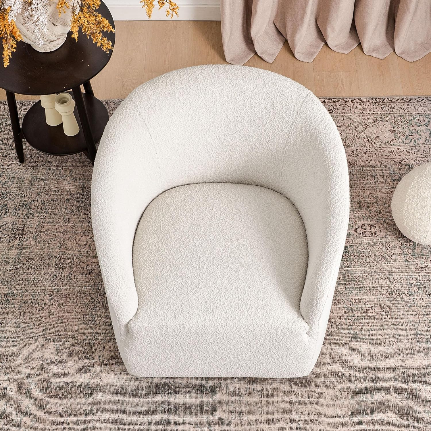 KINWELL 32" Wide Modern Boucle Swivel Barrel Chair, No Assembly Round Upholstered Swivel Accent Armchair for Living Room, Bedroom, Office (White)
