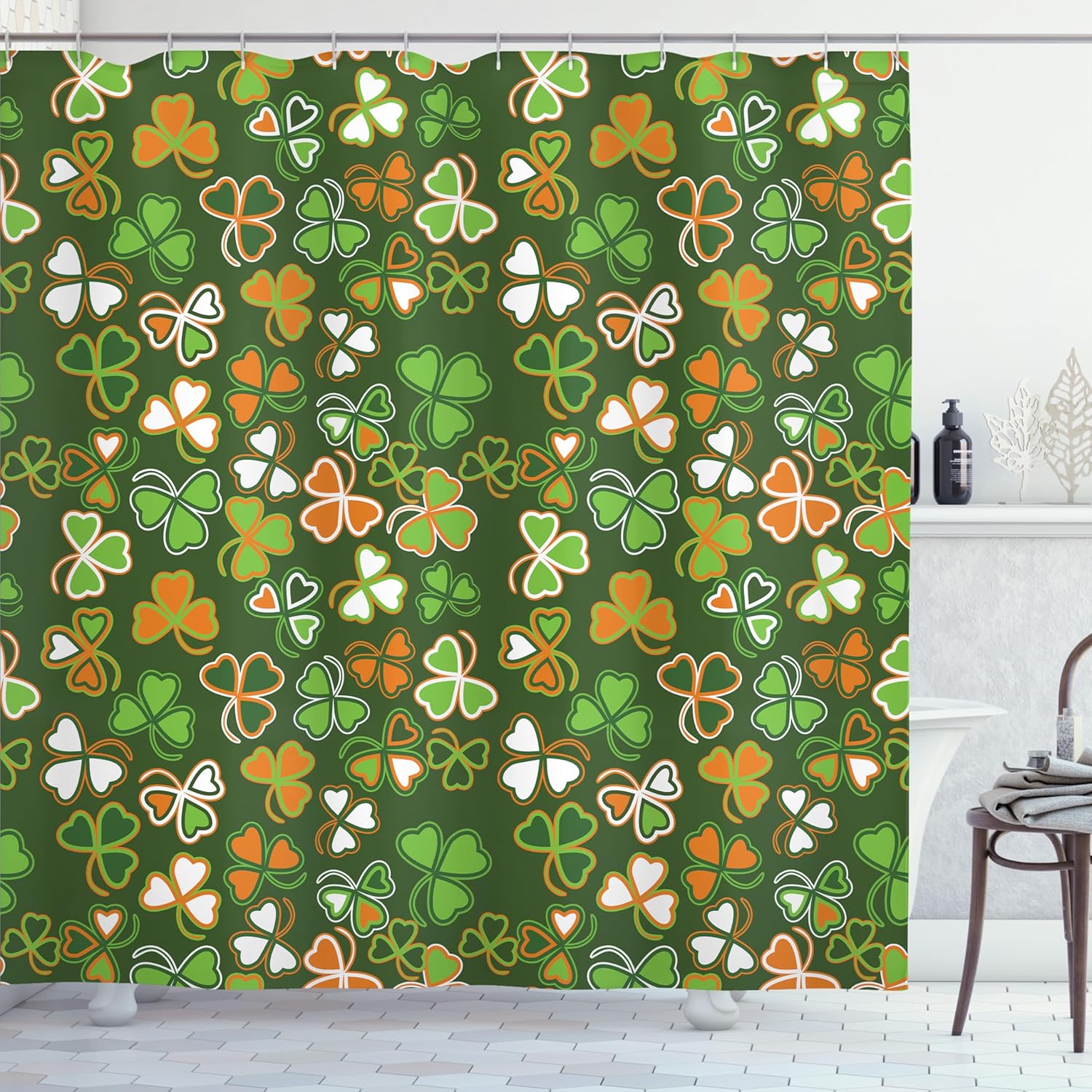 Ambesonne St. Patrick's Day Shower Curtain, Lucky Shamrocks Pattern Irish Clover Celebration Day Party Prints, Cloth Fabric Bathroom Decor Set with Hooks, 69" W x 70" L, Green and Orange