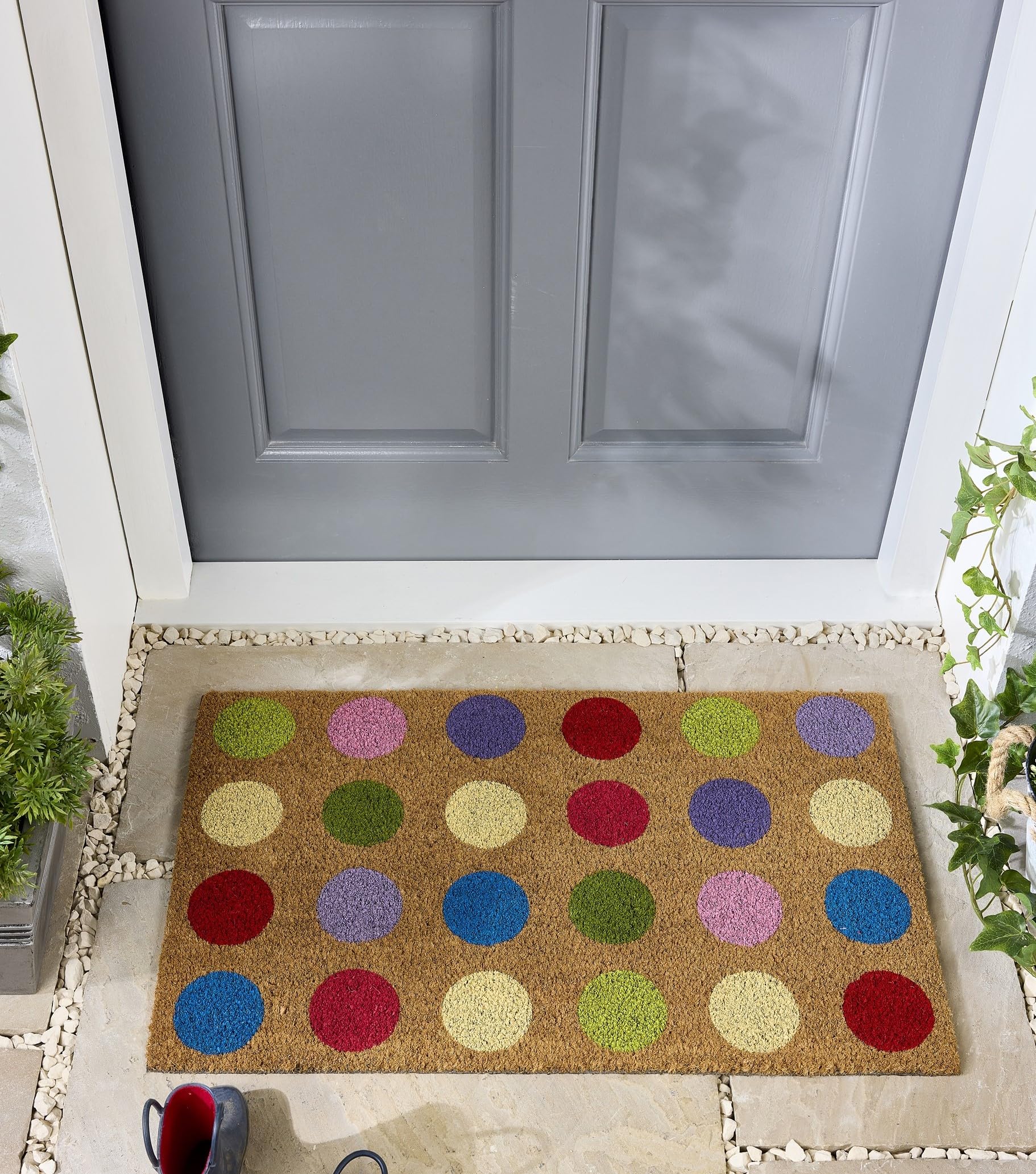 Coir Door Mat for Doorway, Home Entry, Balcony, Garden, Dirt Trapper Entrance Indoor Outdoor Non-Slip Absorbent Welcome Mat Natural Doormat in 45 x 75 cm (Spots Multi)