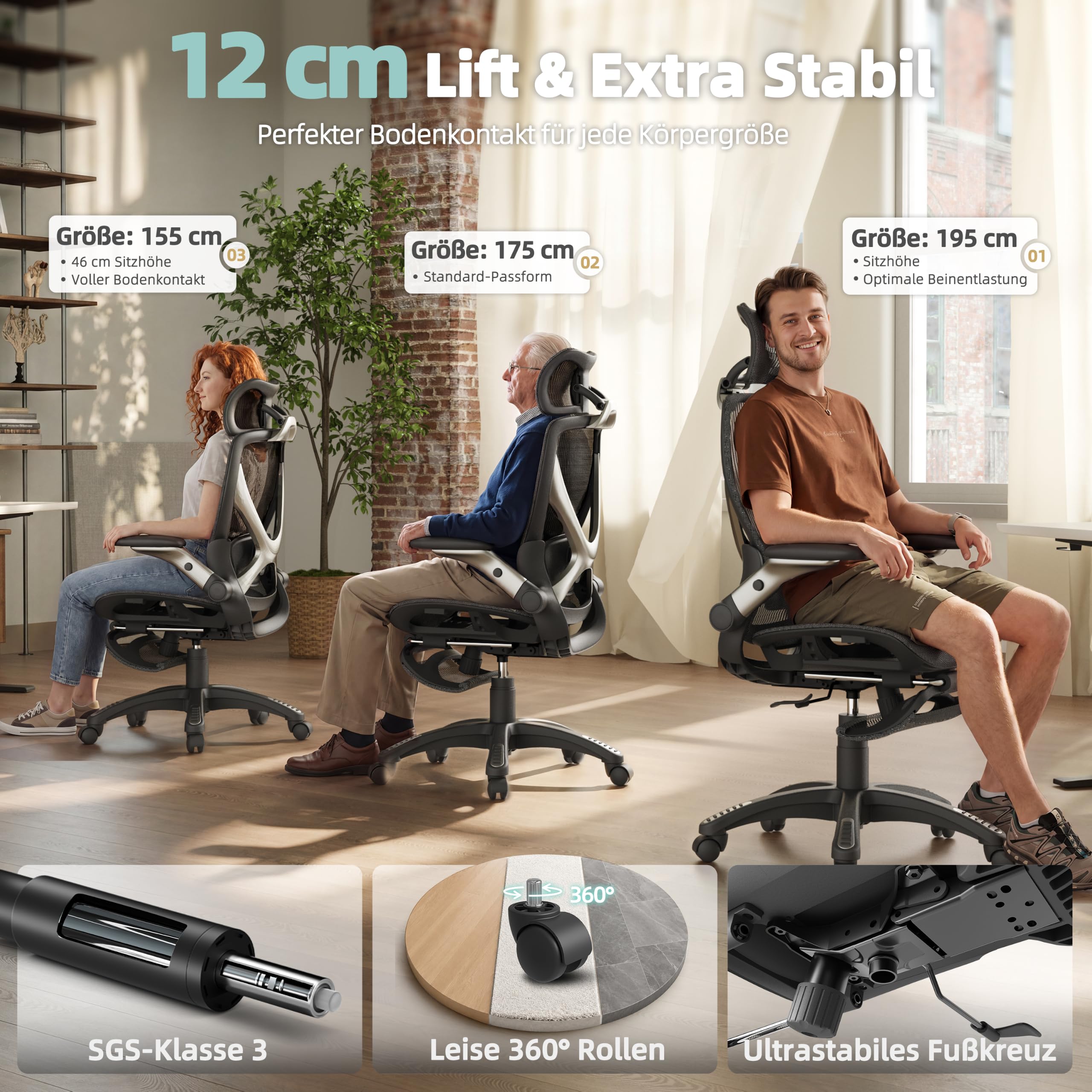 ELABEST X100 Ergonomischer Mesh-Bürostuhl mit Hoher Rückenlehne & Fußstütze | 3D-Lordosenstütze, 120° Neigung, 3D-Kopfstütze, Schreibtischstuhl mit hochklappbaren 5D-Armlehnen für Homeoffice, bis 136 kg
