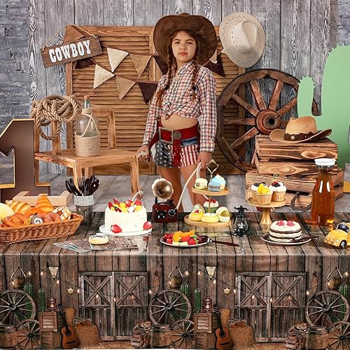 Miniatura 6 de Tiamon Mantel de plástico para fiesta de vaquero occidental, 3 piezas, diseño de vaquero occidental, cubierta de mesa de madera para suministros de