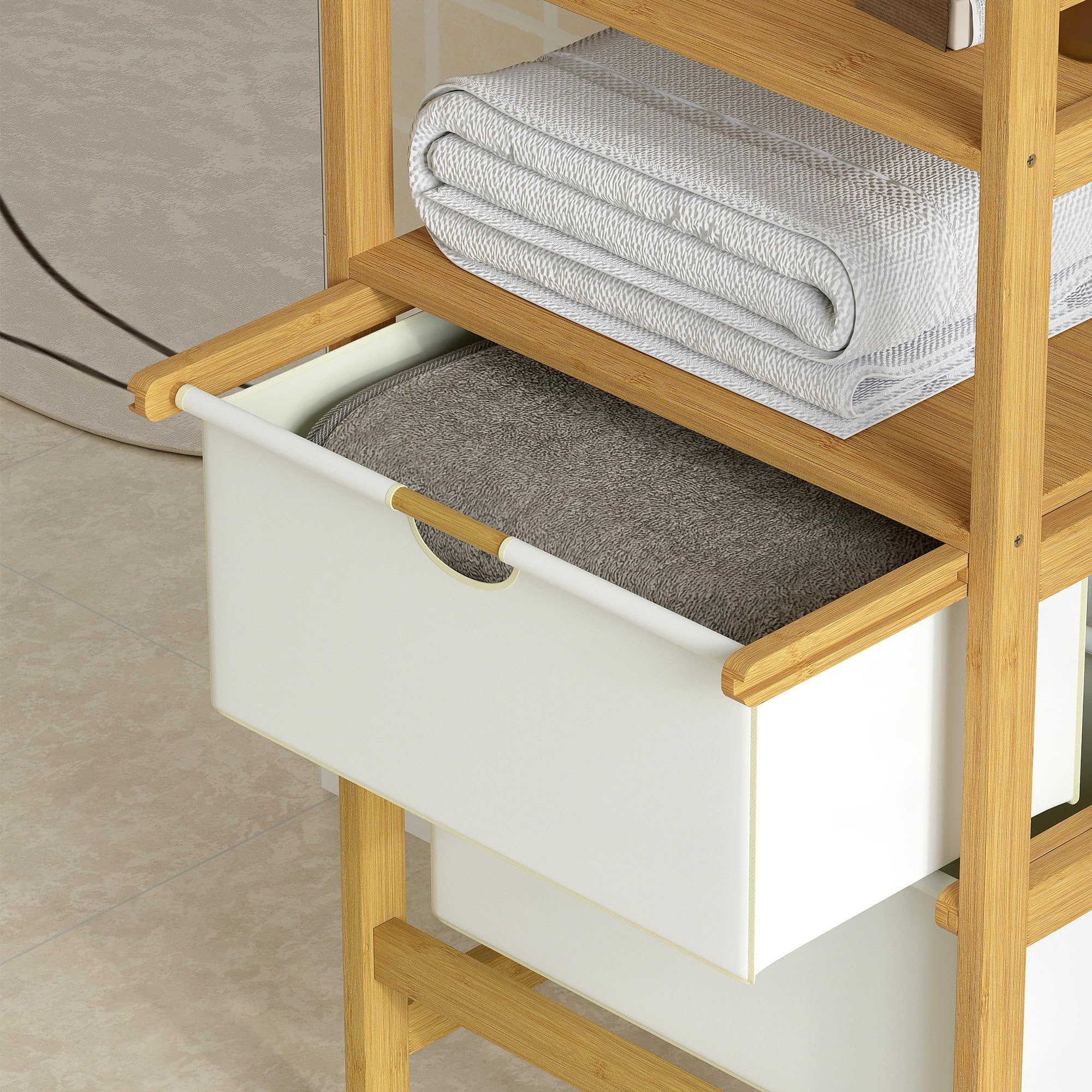 HOMCOM Estantería de Baño de Bambú con Espejo Estantería de Almacenaje con 4 Ganchos 2 Estantes Abiertos y 2 Cajones de Tela para Cocina Baño Salón 48,5x30x170 cm Natural
