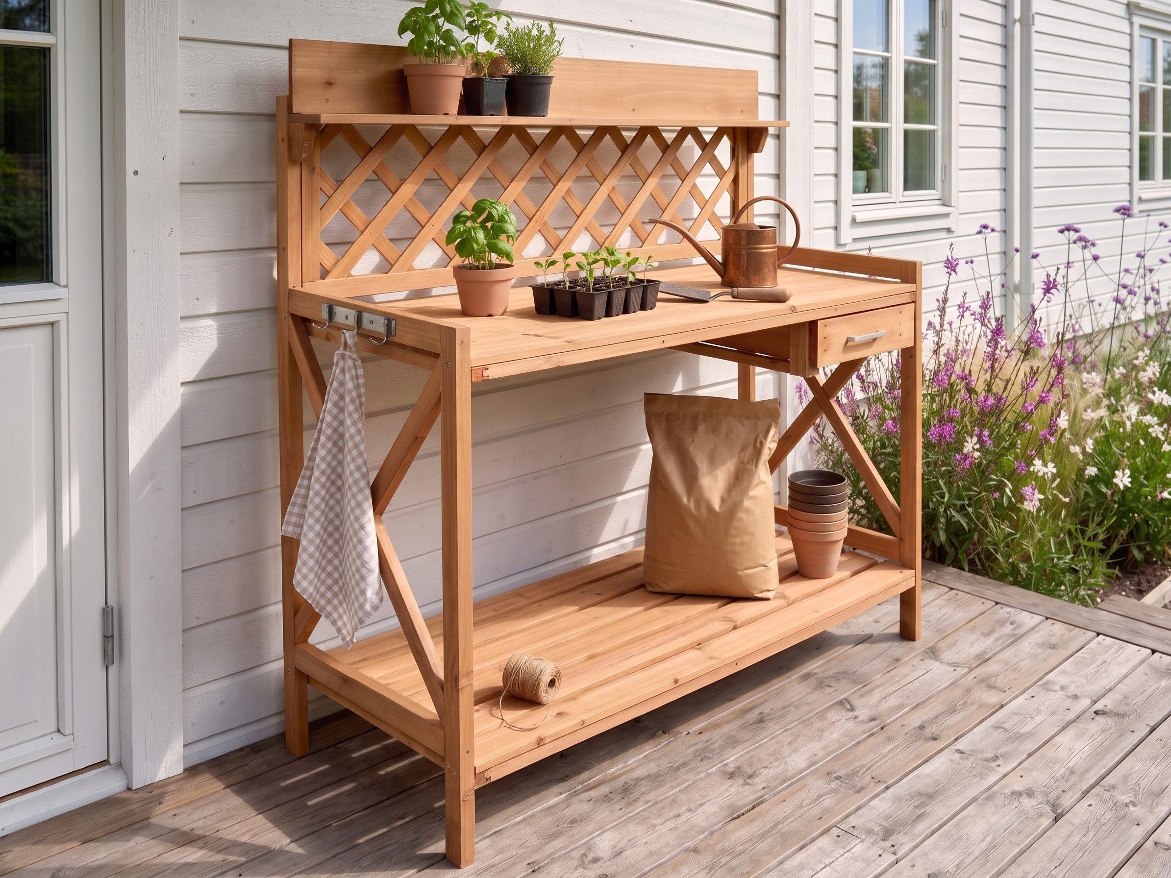 Table de Rempotage Style Rustique avec Tiroir et Crochets en Acier Rangement de Jardin Bois de Sapin Marron Clair Sperlinga