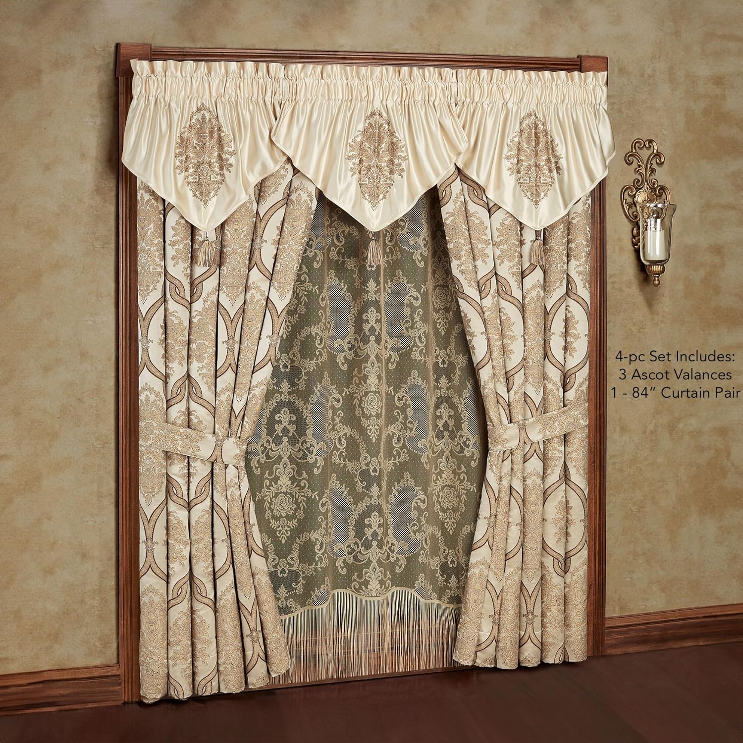 Luxurious Barrington Traditional Window Treatment | Sophisticated Jacquard Woven Damask Medallion Quatrefoil | Light Gold, Champagne, Chocolate | Drapery Set | Wide 84L Curtain Pair, 3 Ascot Valances