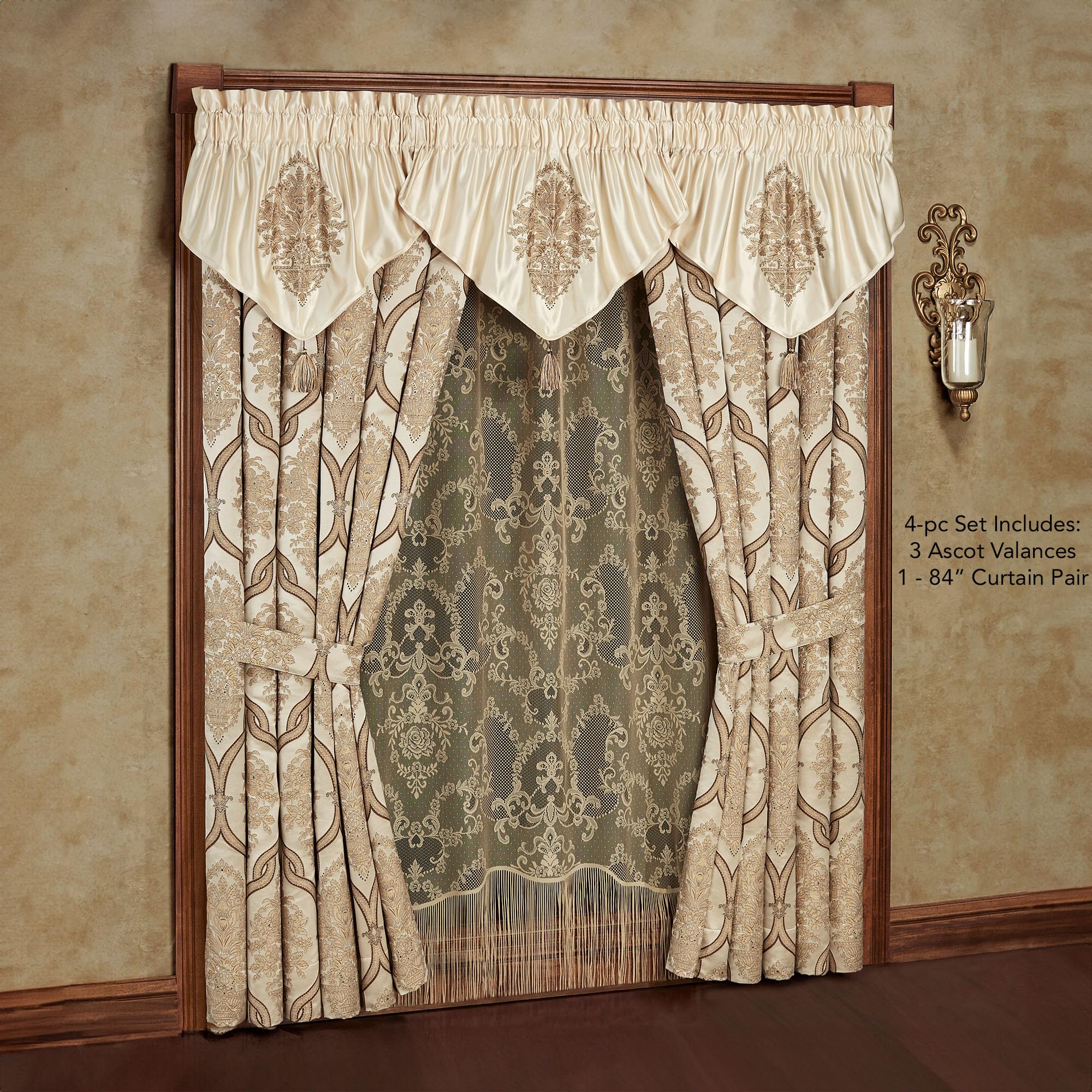 Luxurious Barrington Traditional Window Treatment | Sophisticated Jacquard Woven Damask Medallion Quatrefoil | Light Gold, Champagne, Chocolate | Drapery Set | Wide 84L Curtain Pair, 3 Ascot Valances