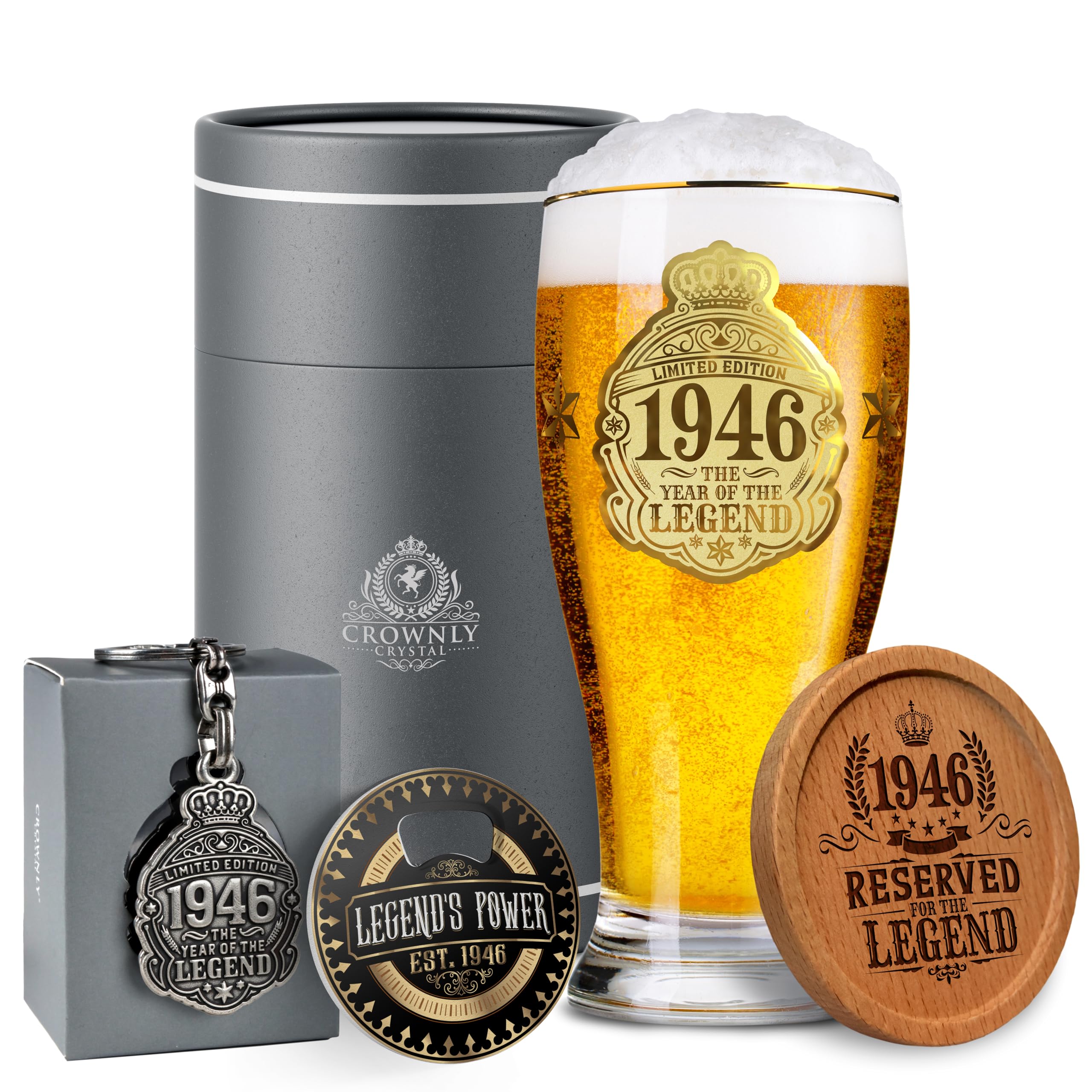 CROWNLY CRYSTAL® 1946 Bierglas Gravur 570 ml 80. Geburtstag personalisiertes Geschenk für Mann 80 Jahre Papa Opa Deko Geschenkidee