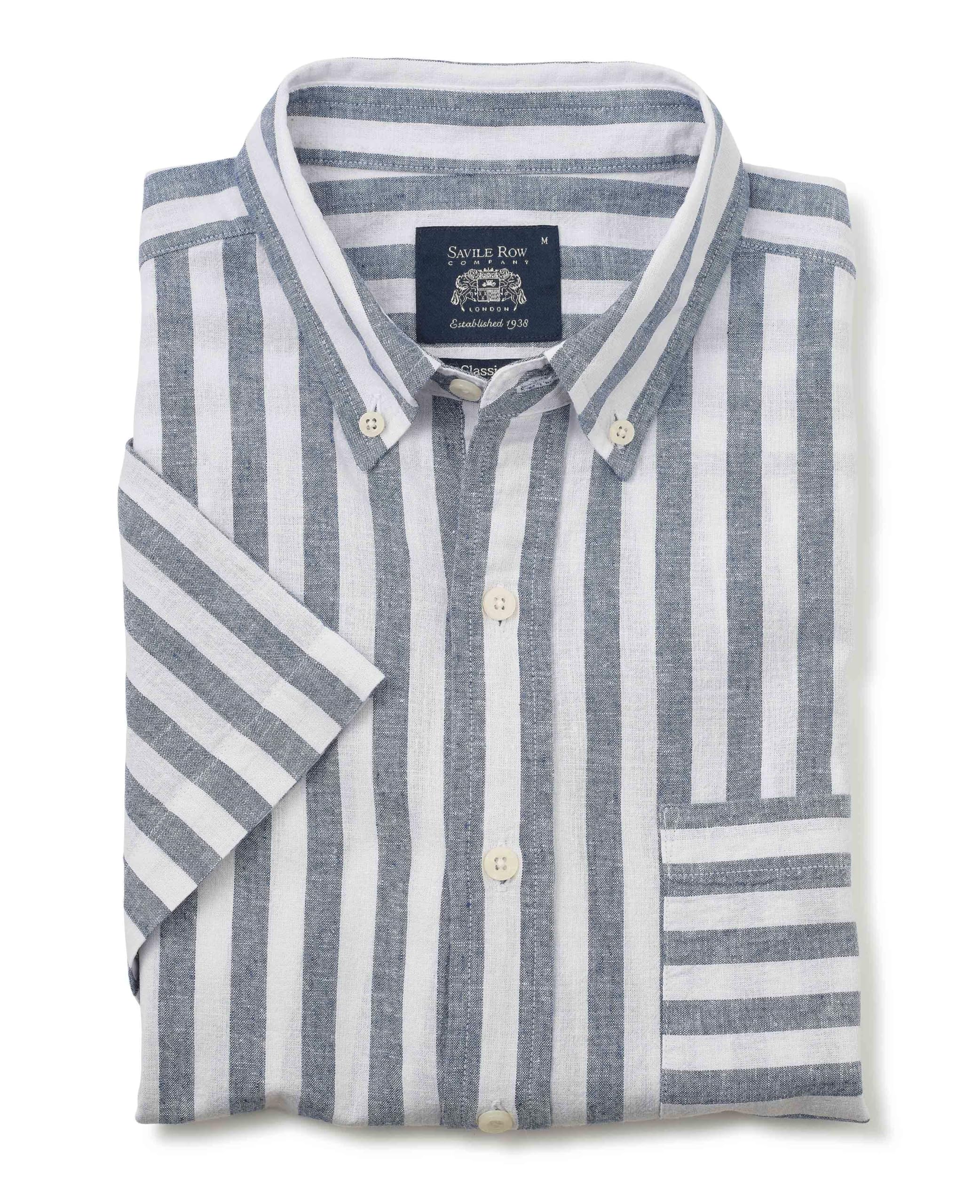 The Savile Row Company London Men's Navy White Bold Stripe Classic Fit Linen-Cotton Blend Short Sleeve Casual Shirt - 3XL