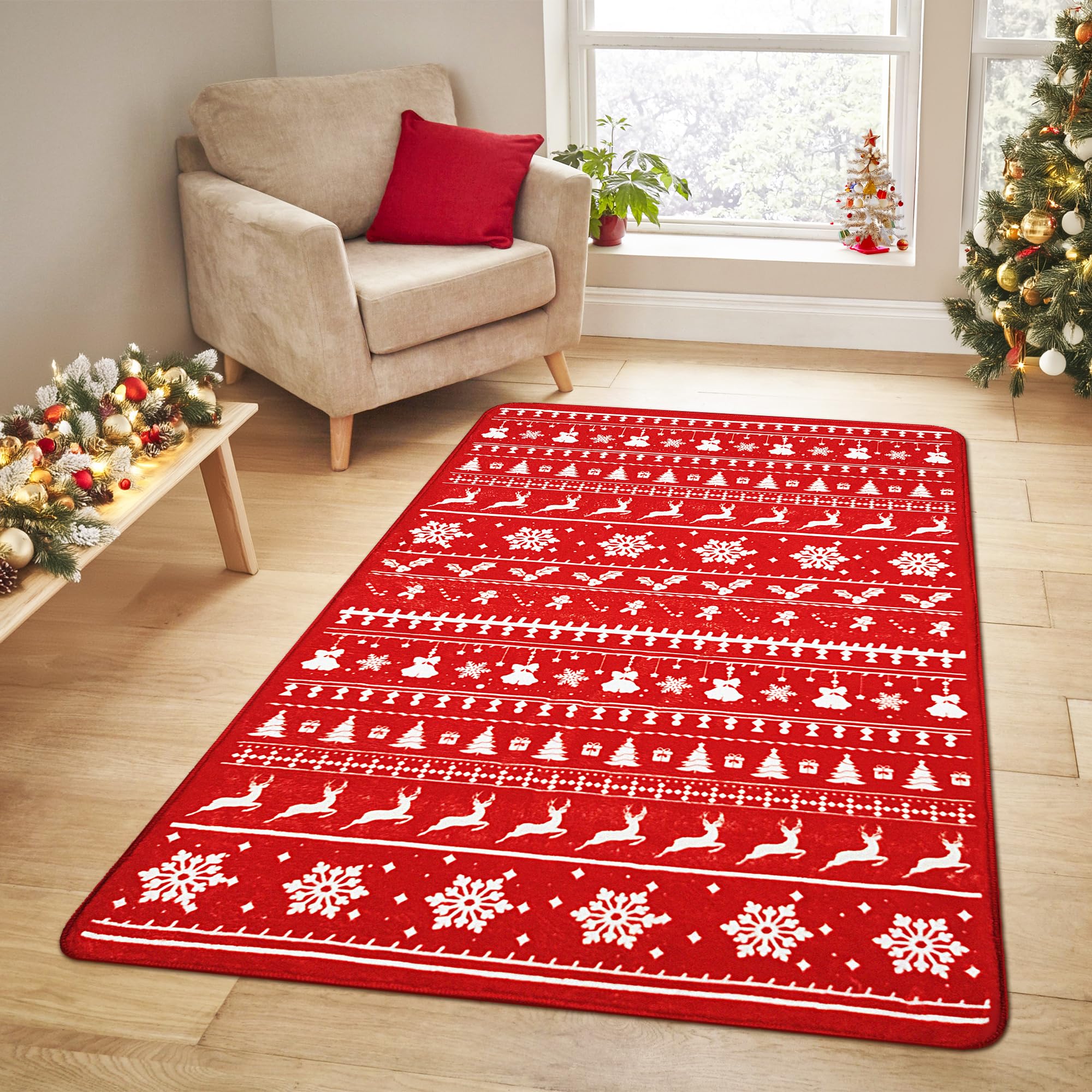 Alfombra de Navidad de 3 x 5 pies, diseño de copos de nieve y árbol de Navidad, alce, de perfil bajo, lavable a máquina, alfombra de interior, decorativa, antideslizante, para sala de estar y