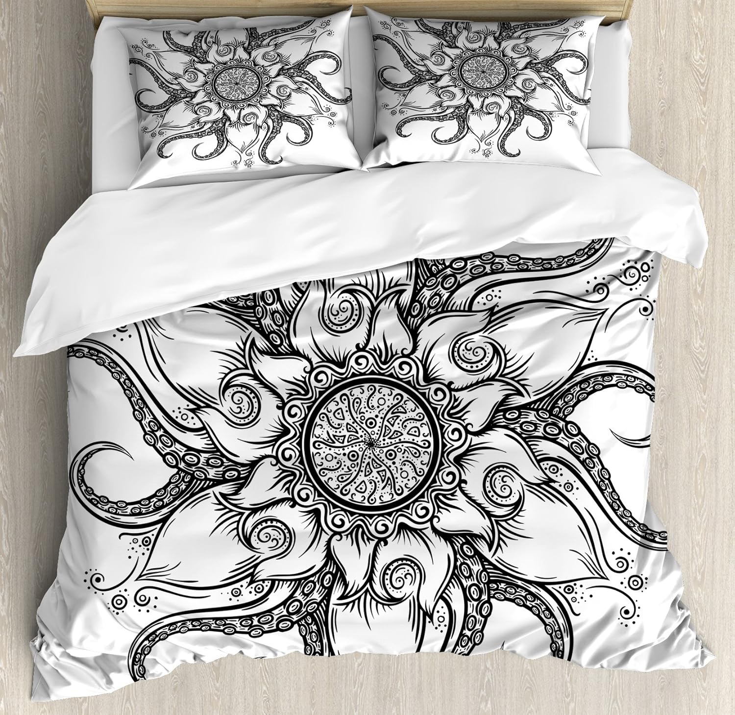 Ambesonne Octopus Duvet Cover Set, Sea Mandala Floral Ocean Animal with Tribal Leaves Hand Drawn Art, Decorative 3 Piece Bedding Set with 2 Pillow Shams, Queen Size, Black King Black