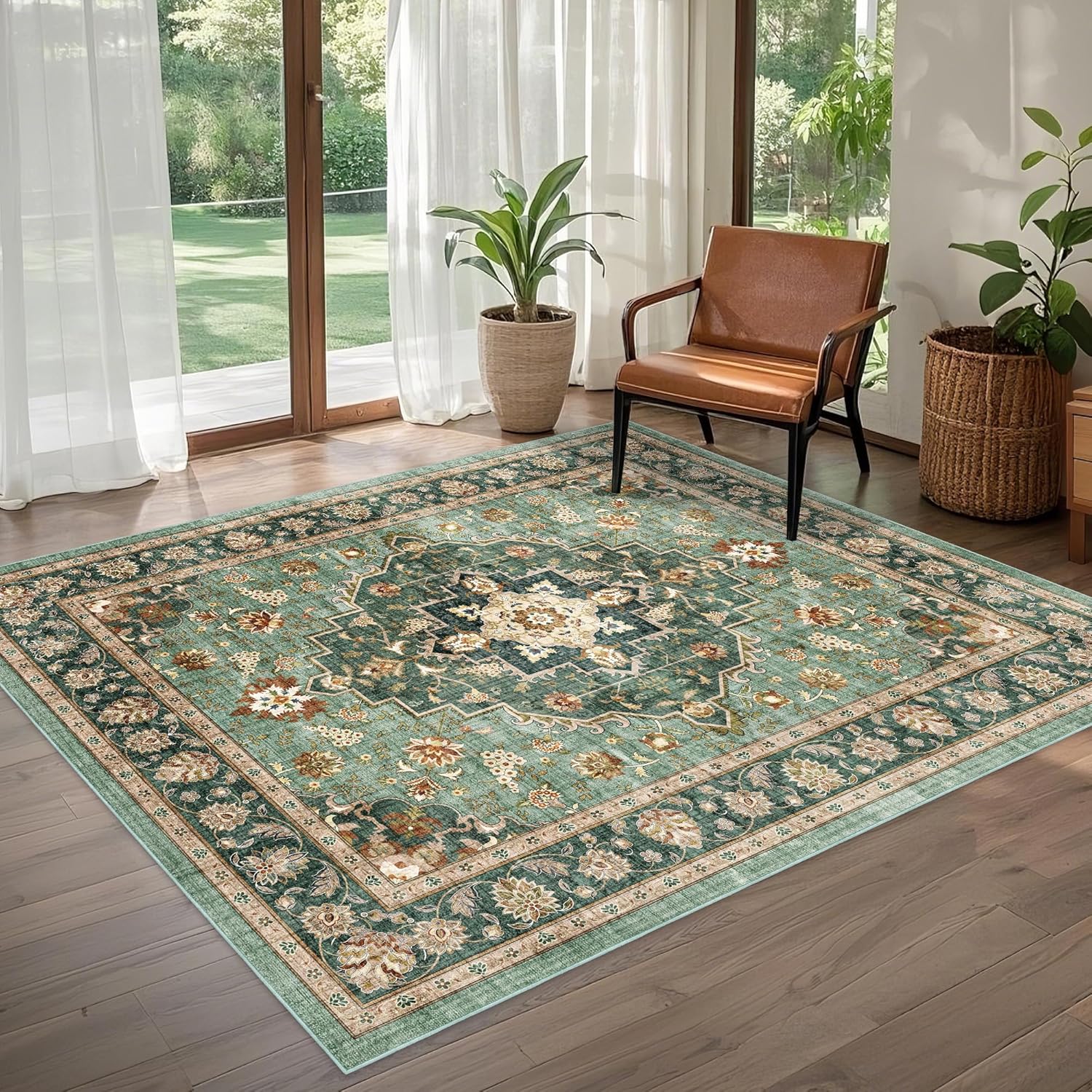 Area Rug for Living Room - Vintage Indoor Machine Washable Rug for Bedroom Dinning Room Floor - Soft Low-Pile Carpet Non-Slip Backing Floral Rugs for Office (Forest Green, 6' × 9')