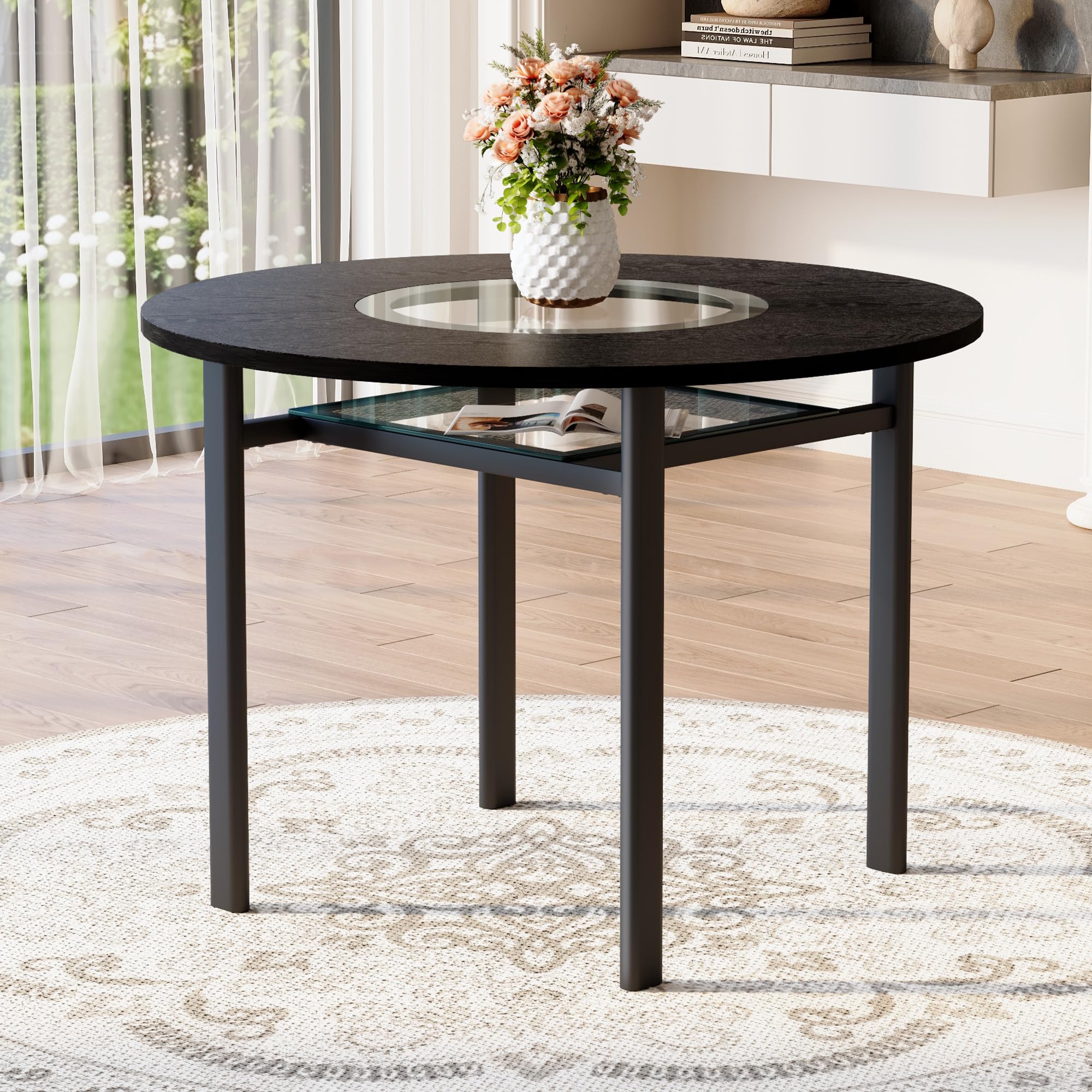 Mesa de Comedor Redonda de MDF y Cristal, Salón y Cocina, Negro, 100 cm
