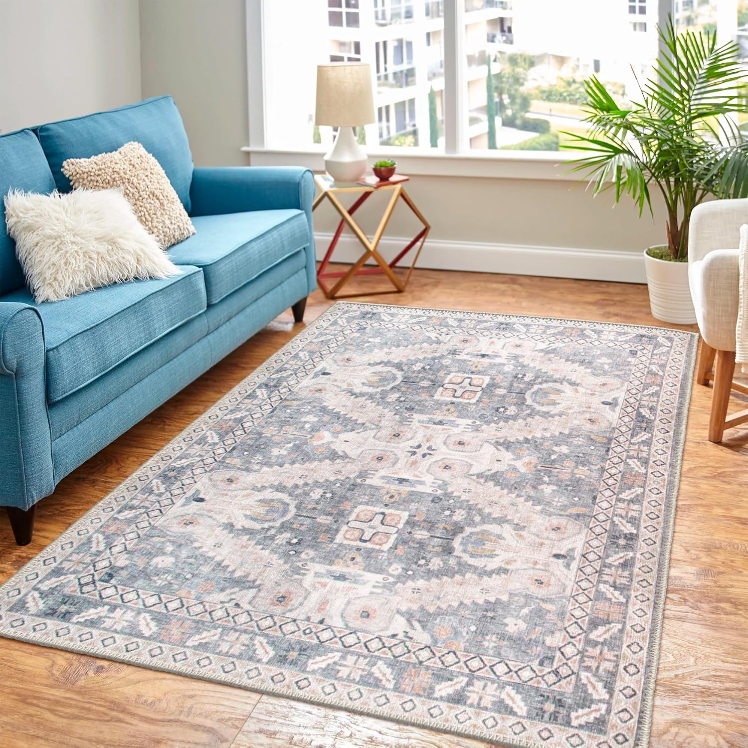 Washable Area Rugs, 6x9 Beige Rug with Non Slip Backing, Stain Resistant, Foldable, Boho Machine Washable Carpet Mat for Kitchen, Bathroom, Bedroom or Living Room (6' x 9')