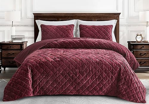 Miniatura 2 de Chezmoi Collection Lux - Juego de edredón de terciopelo color borgoña, tamaño King, 3 piezas, ropa de cama de terciopelo envejecido para todas las
