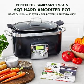 GreenPan Elite 8-in-1 Programmable 6 Quart Electric Slow Cooker, GlassLid & Removable Crock, PFAS-Free Healthy Ceramic Nonstick Multi-Cooker,Sear, Saute/Brown,Roast Black + Slow Cooker Cookbook