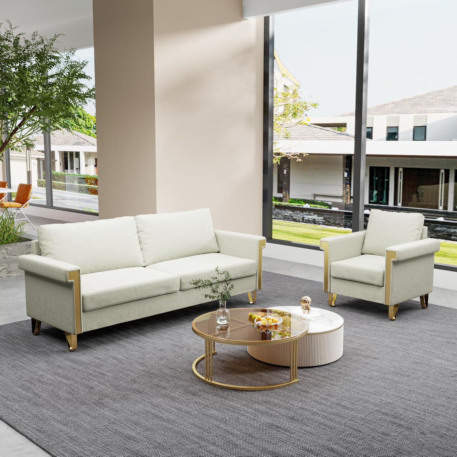 Velvet Sofa and Chair Combo – Plush Beige Couch and Armchair with Gold Metal Accents, Deep Seats for Extra Comfort – Mid-Century Modern Living Room Furniture