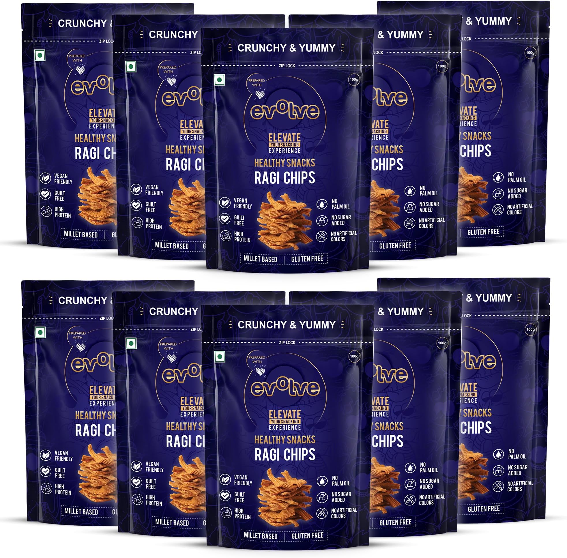 Evolve Baked Ragi Chips Healthy Snack for Kids, Adults | Gluten Free, Vegan, No Artificial Color or Sugar, Millet Blend, Ideal for Weight Loss - 100g Pack of 10