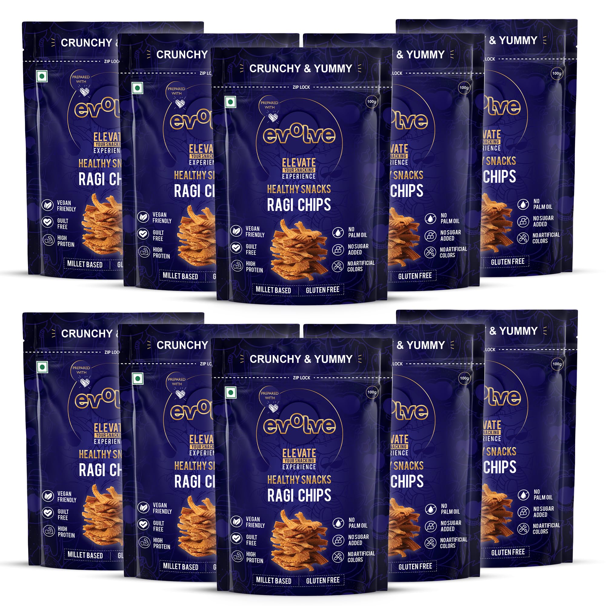 Evolve Baked Ragi Chips Healthy Snack for Kids, Adults | Gluten Free, Vegan, No Artificial Color or Sugar, Millet Blend, Ideal for Weight Loss - 100g Pack of 10