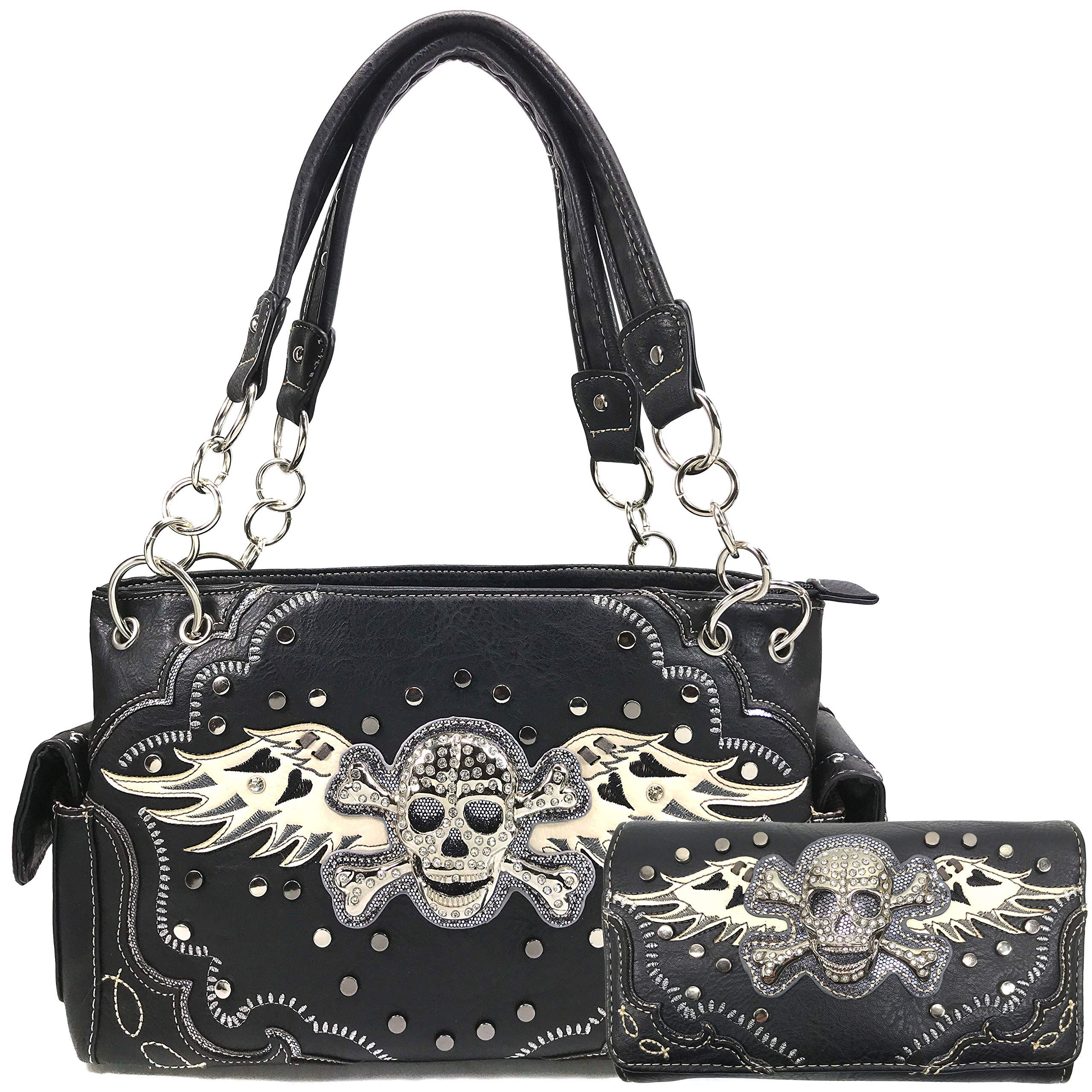 Justin West Women's Rhinestone Skull Crossbones with Angel Wings Shoulder Handbag (Black Handbag Wallet Set)
