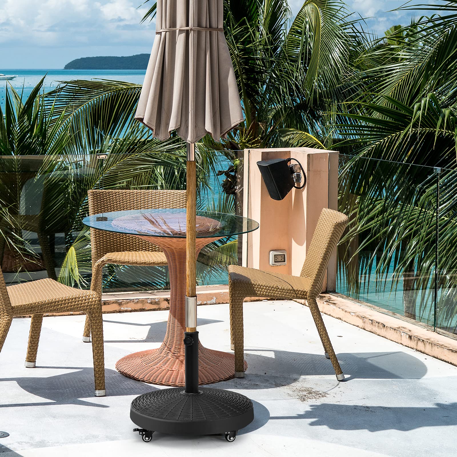 RELAX4LIFE Base Sombrilla Ø52 cm con 4 Ruedas Bloqueables para Mástil de Sombrilla Ø38/48 mm, Pie Sombrilla Redondo de Resina con Aspecto de Ratán, Peso 23 kg, Negro