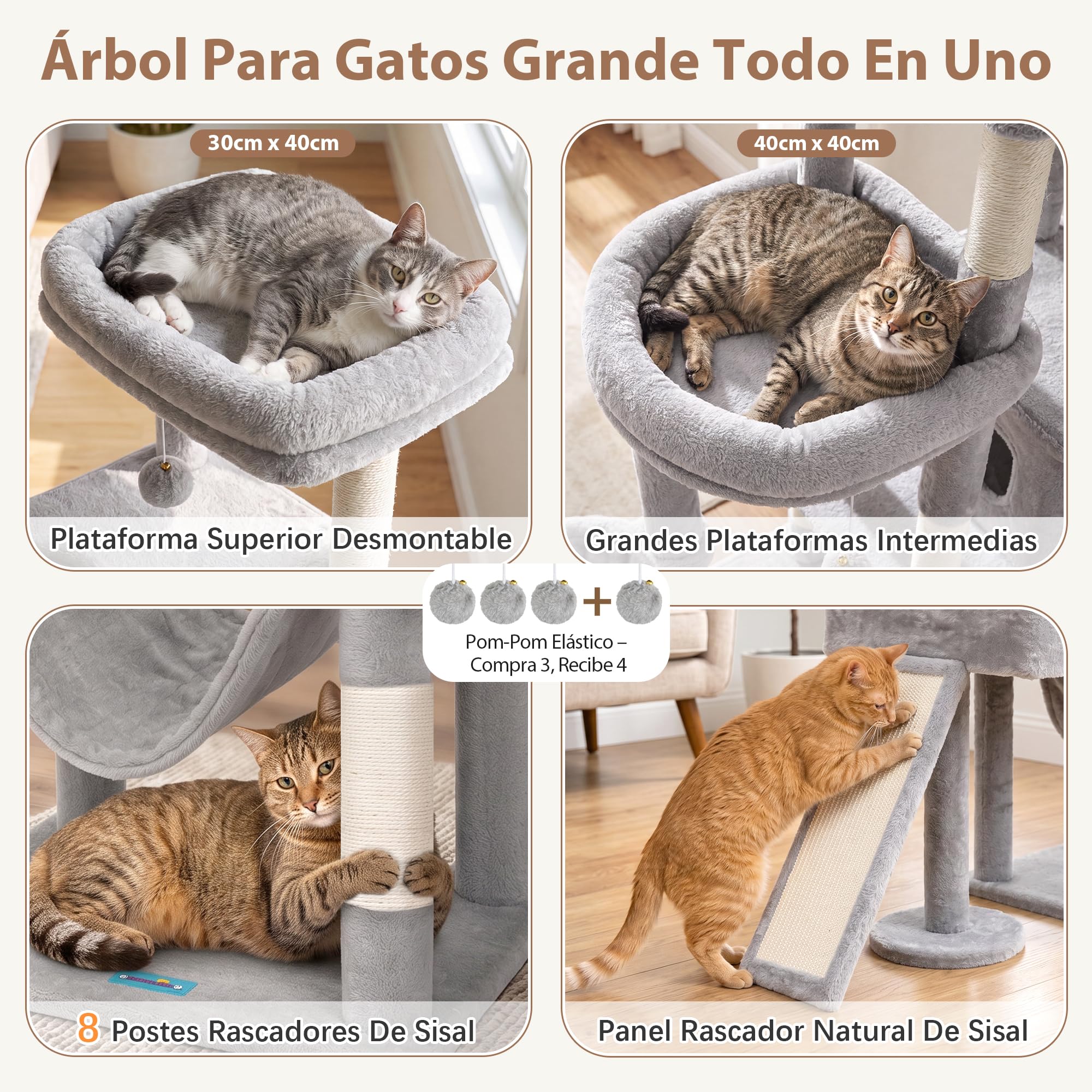 Gitelsnour Árbol para Gatos XXL 225 cm – Árbol Estable para Gatos Grandes, 3 Nidos, 2 Cestas Colgantes, Hamaca, Tabla Rascadora, 2 Plataformas de Observación, Base Estable, Gris Claro GCT808W