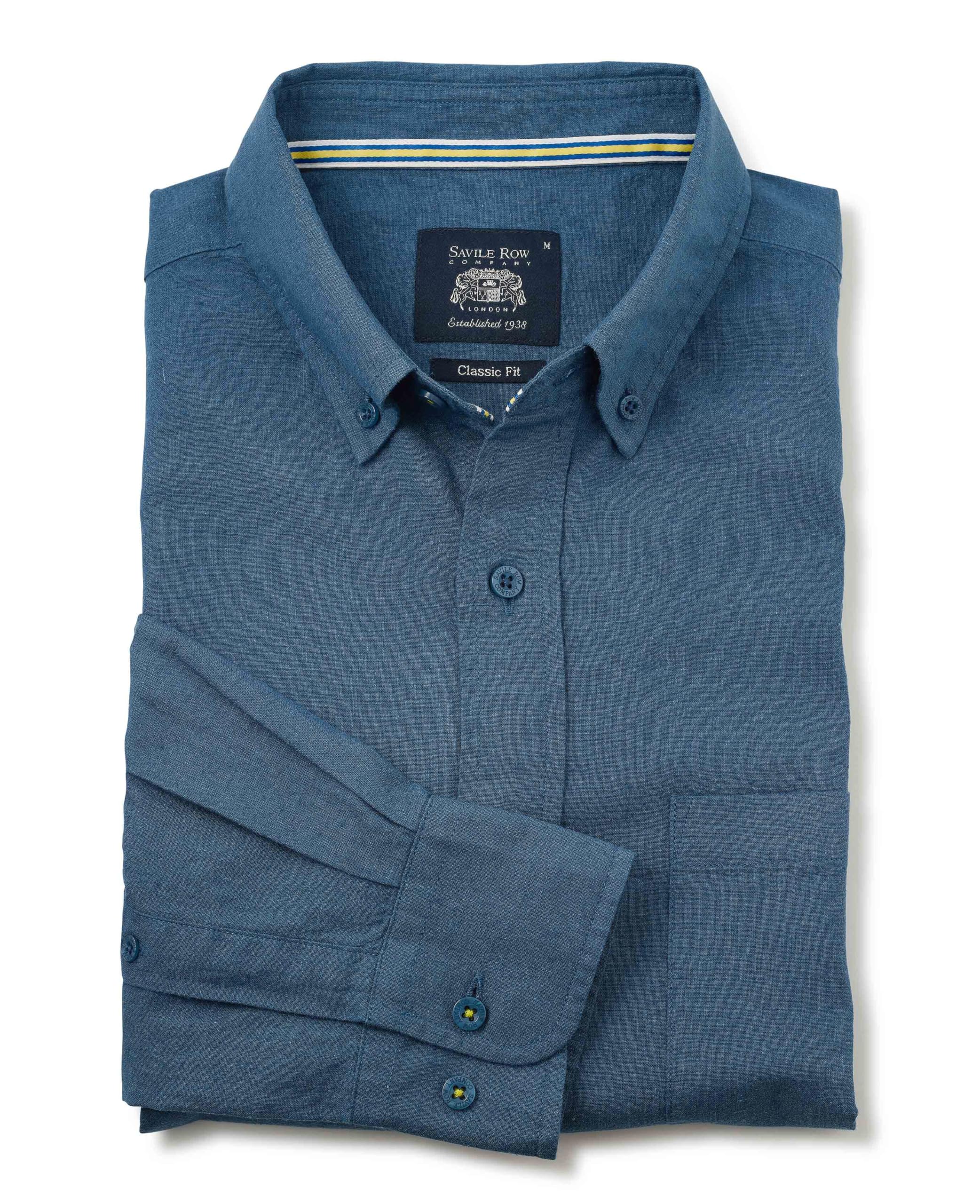 The Savile Row Company London Men's Dark Blue Classic Fit Linen-Cotton Blend Long Sleeve Casual Shirt - 3XL