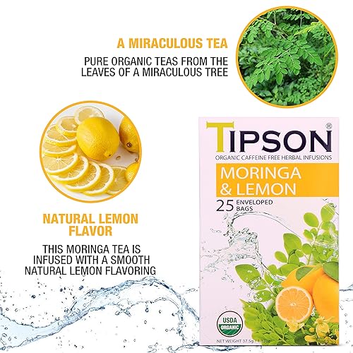 Vista 2 de Tipson Infusiones de té de hierbas de moringa orgánica, moringa y limón, sin cafeína, sin OMG, sin gluten, 25 bolsas de té premium (paquete de 1)