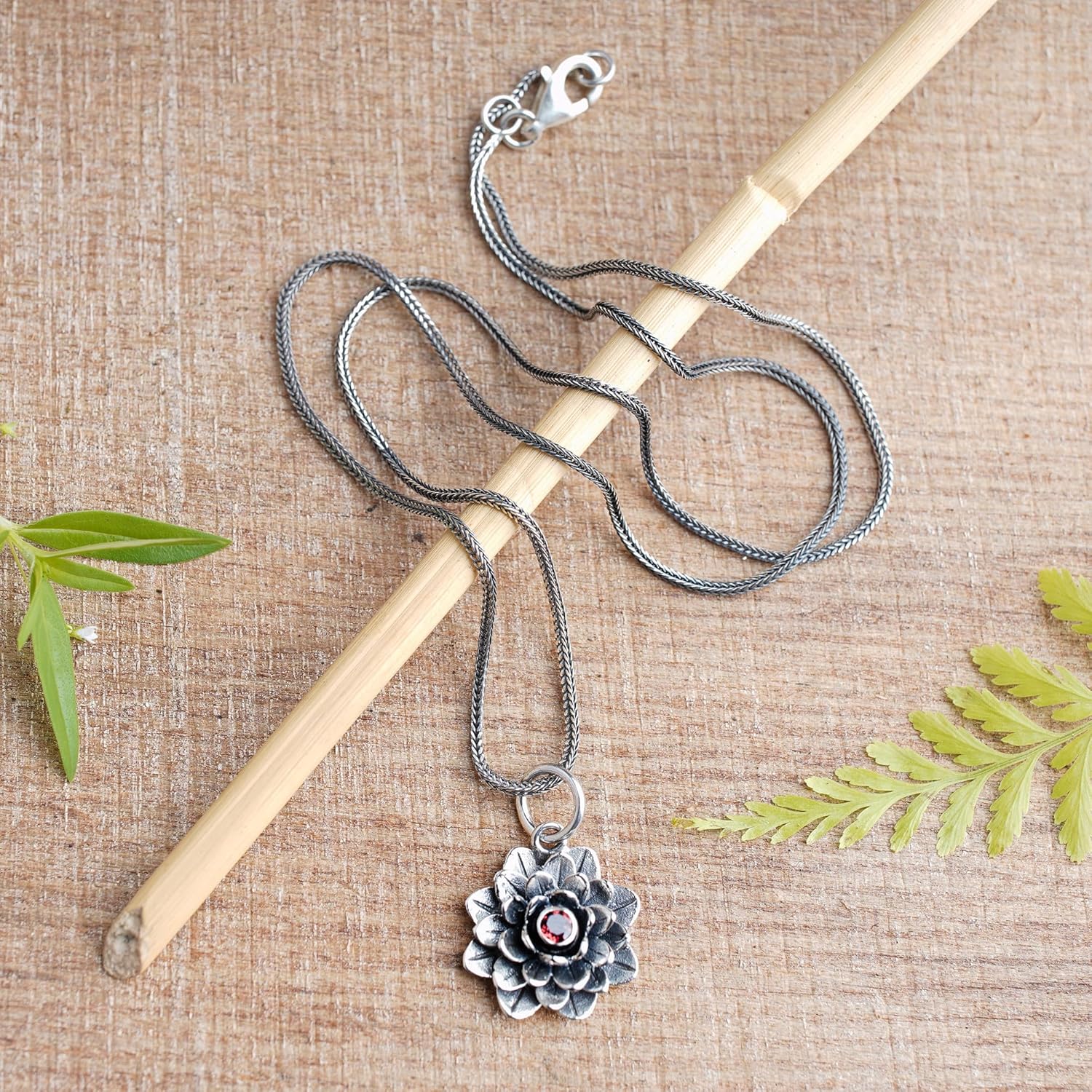 NOVICA Artisan Handmade Garnet Necklace Floral .925 Sterling Silver Pendant Red Indonesia Birthstone 'Sacred Red Lotus'