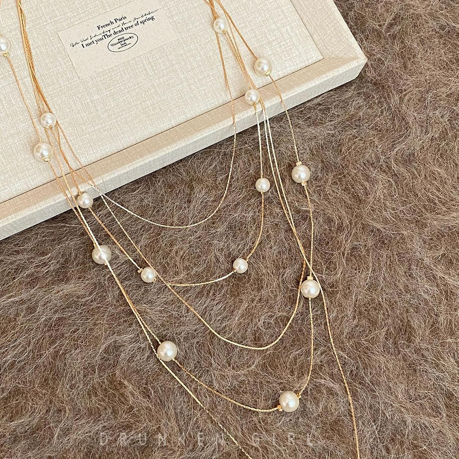 Layered Pearl Necklace for Women, Gold Tone Multi Strand Pearl Chain for Parties and Going-Out Looks