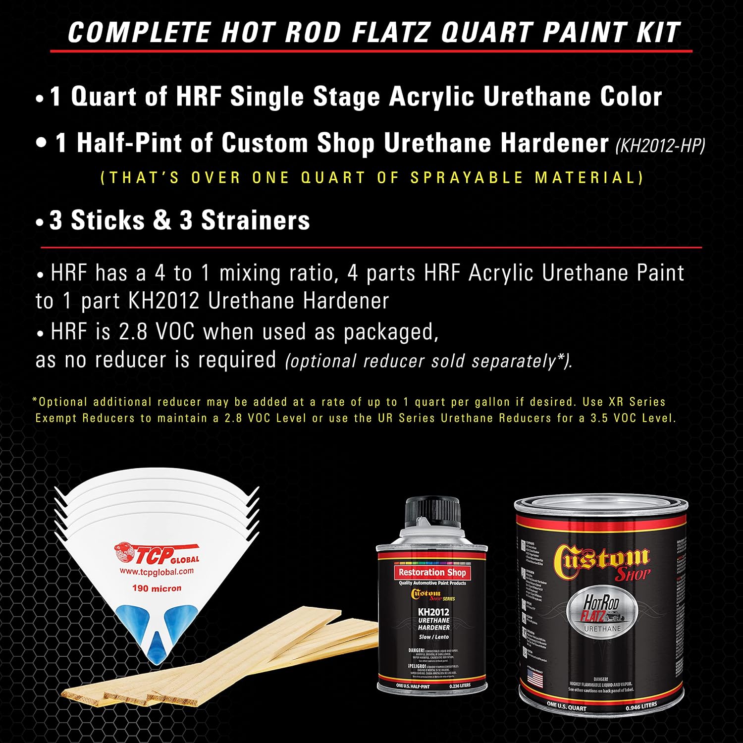 Custom Shop - Boulevard Black - Hot Rod Flatz Flat Matte Satin Urethane Auto Paint - Complete Quart Paint Kit - Professional Low Sheen Automotive, Car Truck Coating, 4:1 Mix Ratio