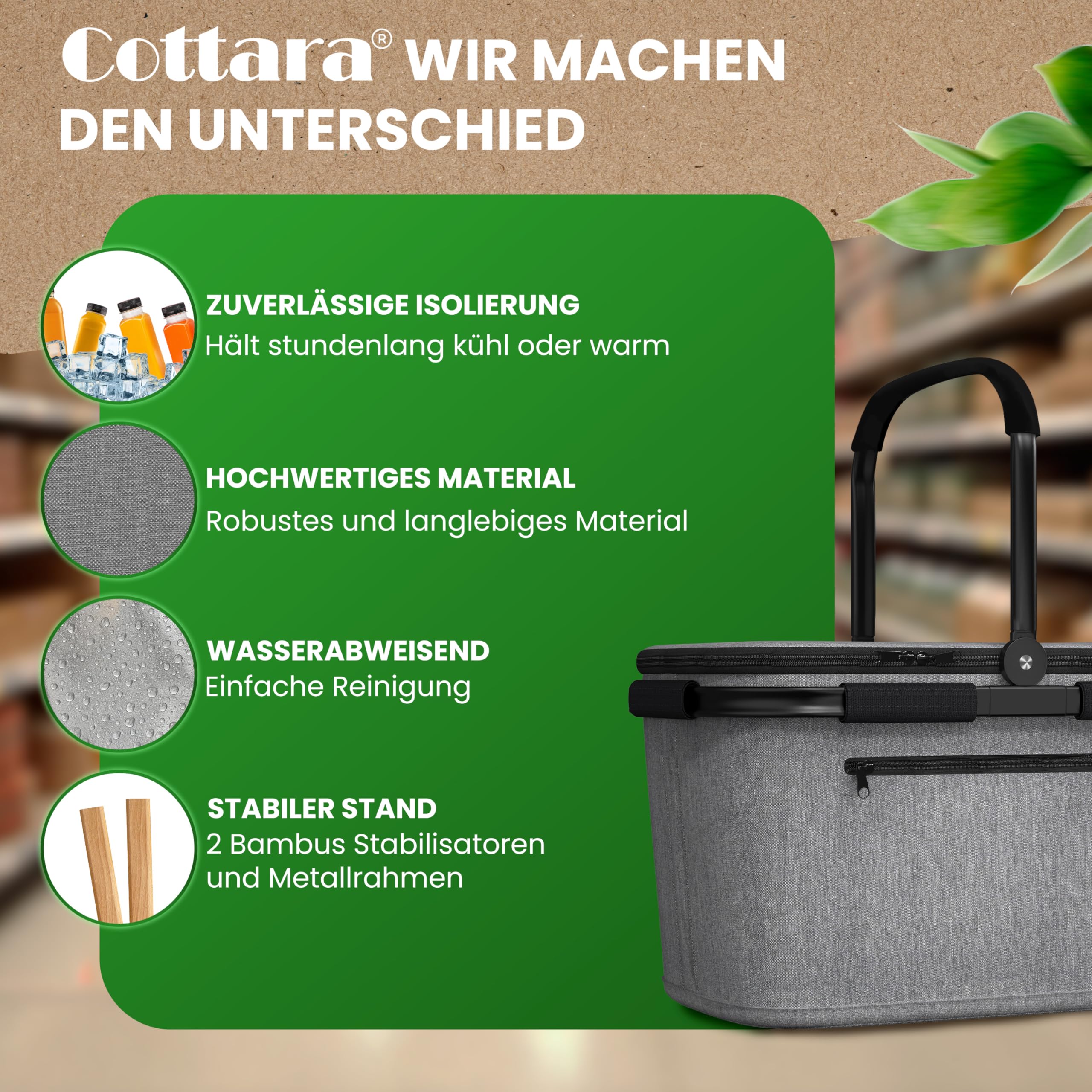 COTTARA Cesta de la compra térmica grande, aislada con tapa, base reforzada, compartimento frontal con cremallera, ideal como cesta refrigeradora o cesta de picnic (gris)