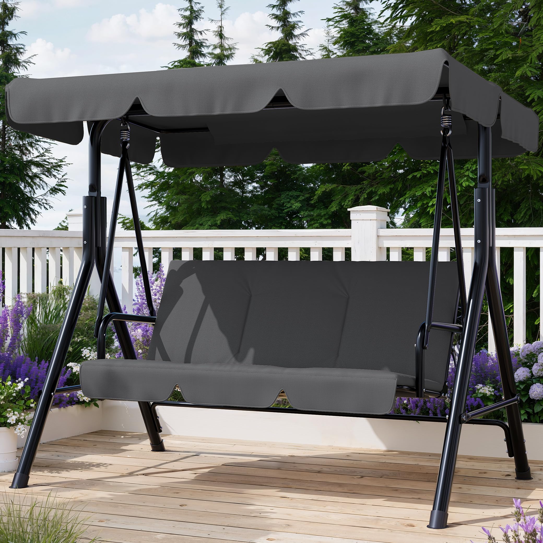 Photo 1 of *Minor damage* Garvee Outdoor Porch Swing with Adjustable Canopy, 3-Seat Patio Swing Chair with Stand, Heavy Duty Outdoor Swing for Adults, Metal Frame Patio Swing for Garden, Backyard & Poolside,Grey