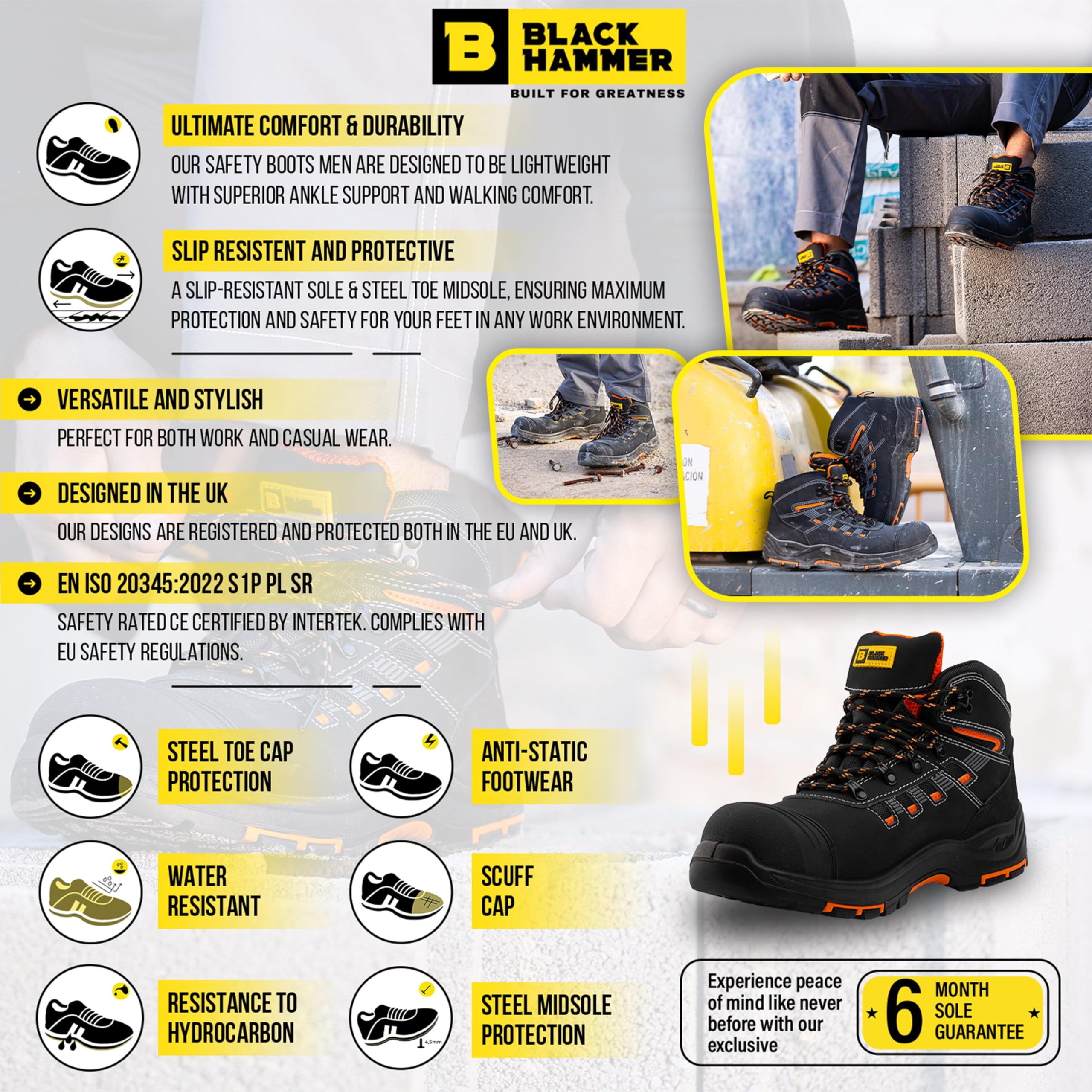 BLACK HAMMER Stivali da Lavoro Uomo Antinfortunistici Punta e Intersuola in Acciaio Pelle Scamosciata Antiscivolo Resistente all'Acqua Ideale per Professionisti e Attività all'Aperto Nero 7710