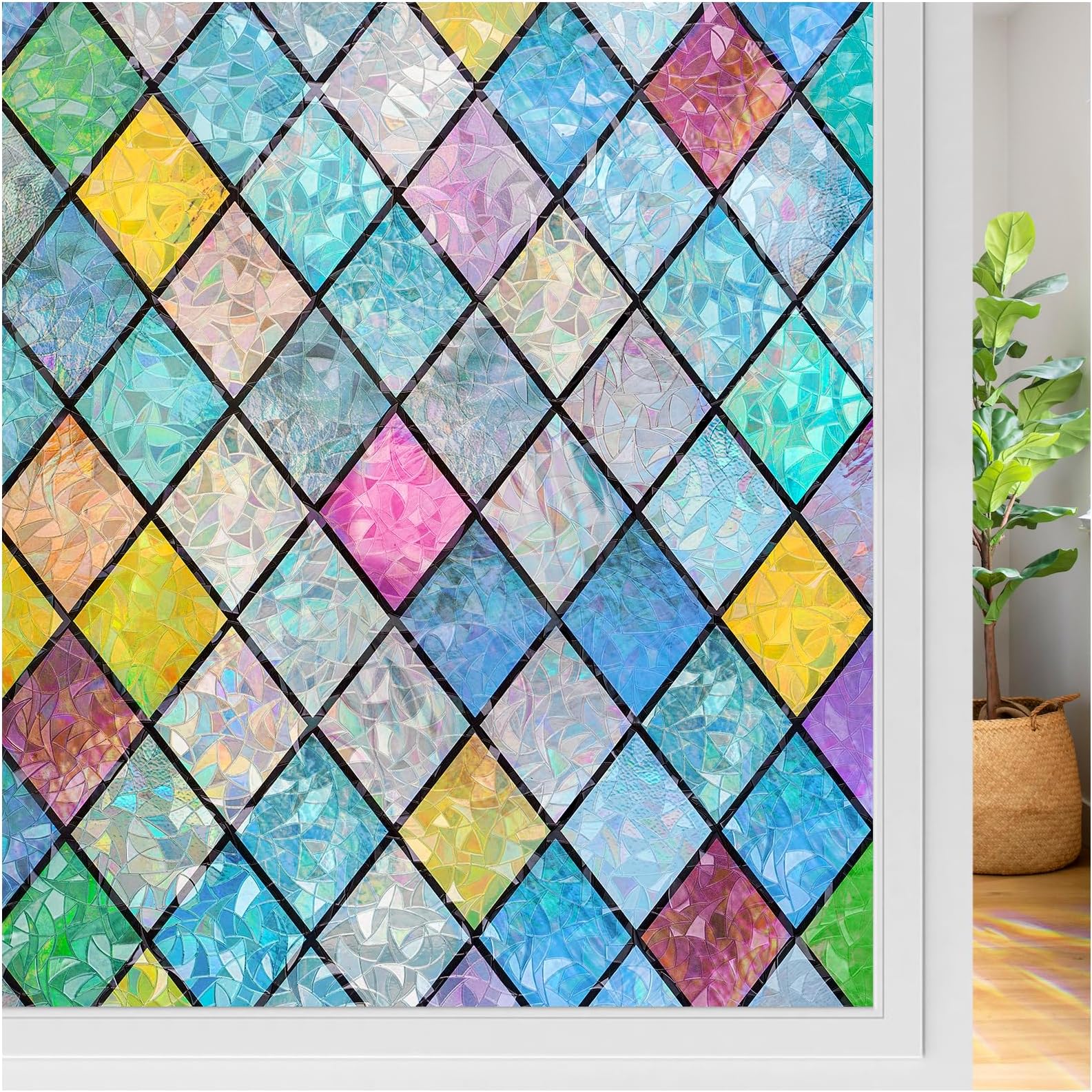 rabbitgoo Stained Glass Window Film Rainbow Film Decorative 3D Privacy Sticker Colorful Lattice Window Decals Cling, Sun Catcher Static Decals for Home 35.4"×118.1"
