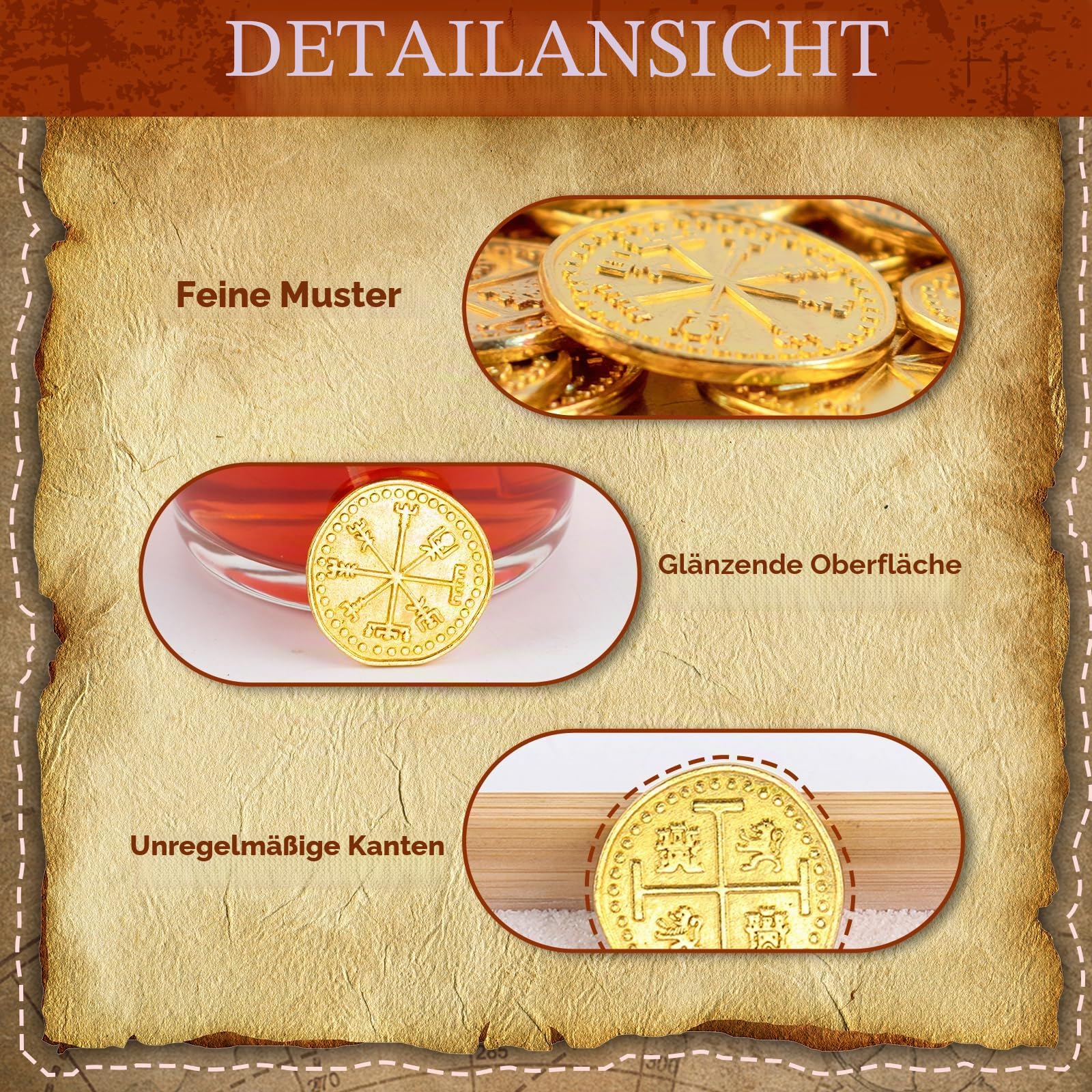 Byhoo Metall Piratenmünzen, 30 Gold Schatzmünzen Set, Metall Replik spanische Dublonen, Piratenschatztruhe Münzen Token, realistische Geldimitation für Cosplay Dekoration Rollenspiel